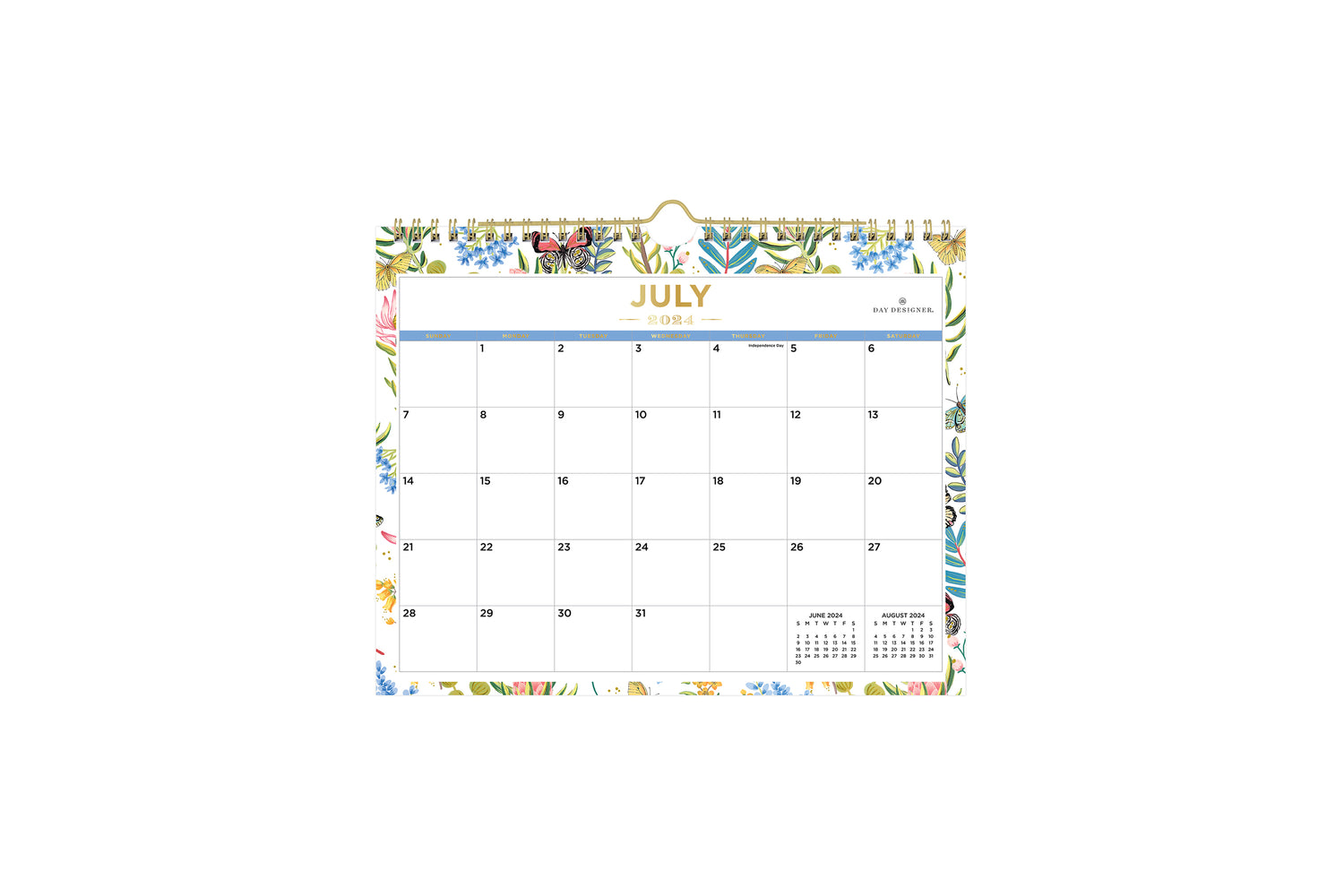 beautiful foilage and butterfly pattern with blank writing space for each boxed date, July 2024- June 2025 in 11.875 size