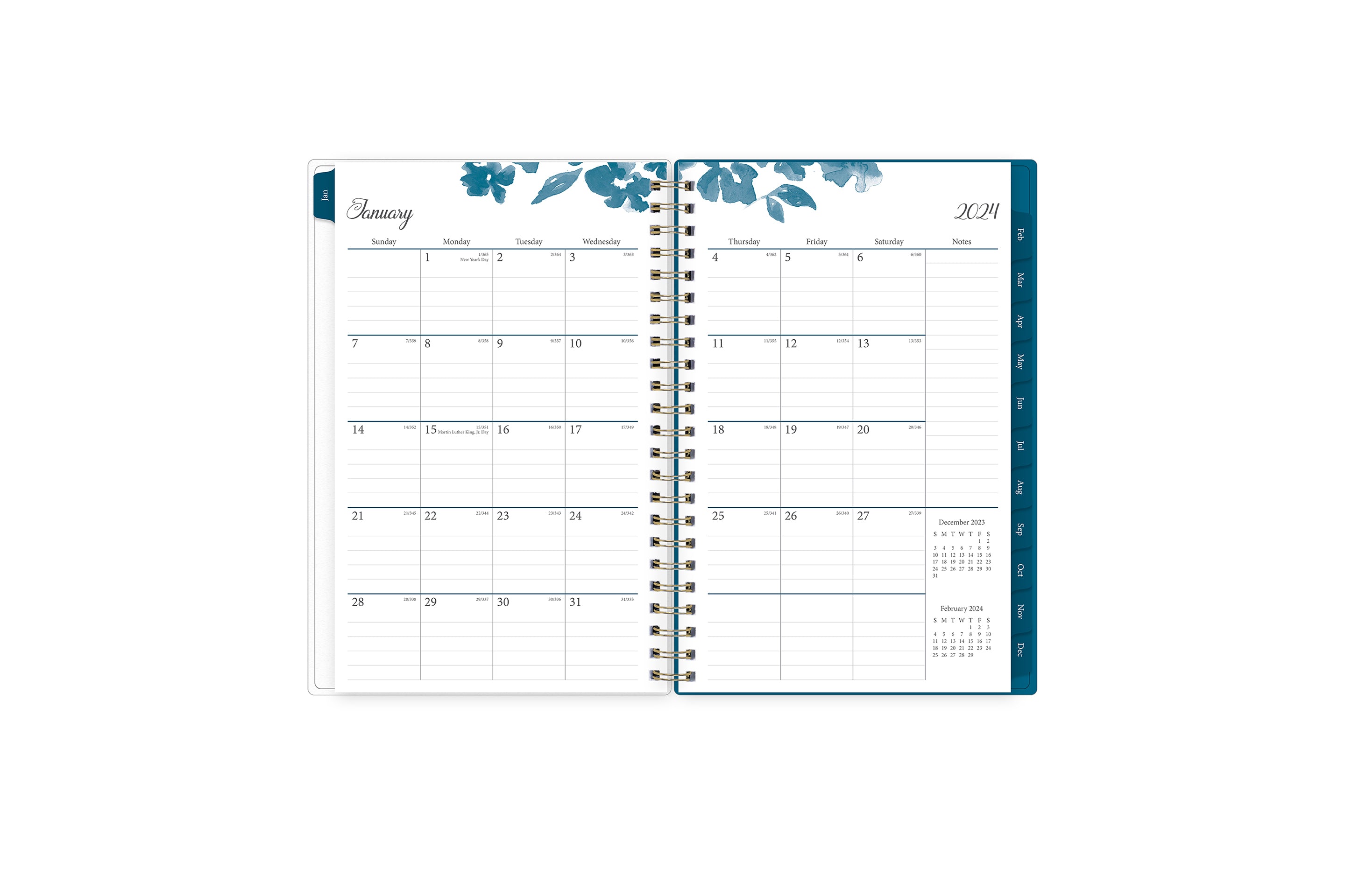 2024 weekly monthly planner featuring a monthly view with lined writing space for each date, reference calendars, and light blue monthly tabs