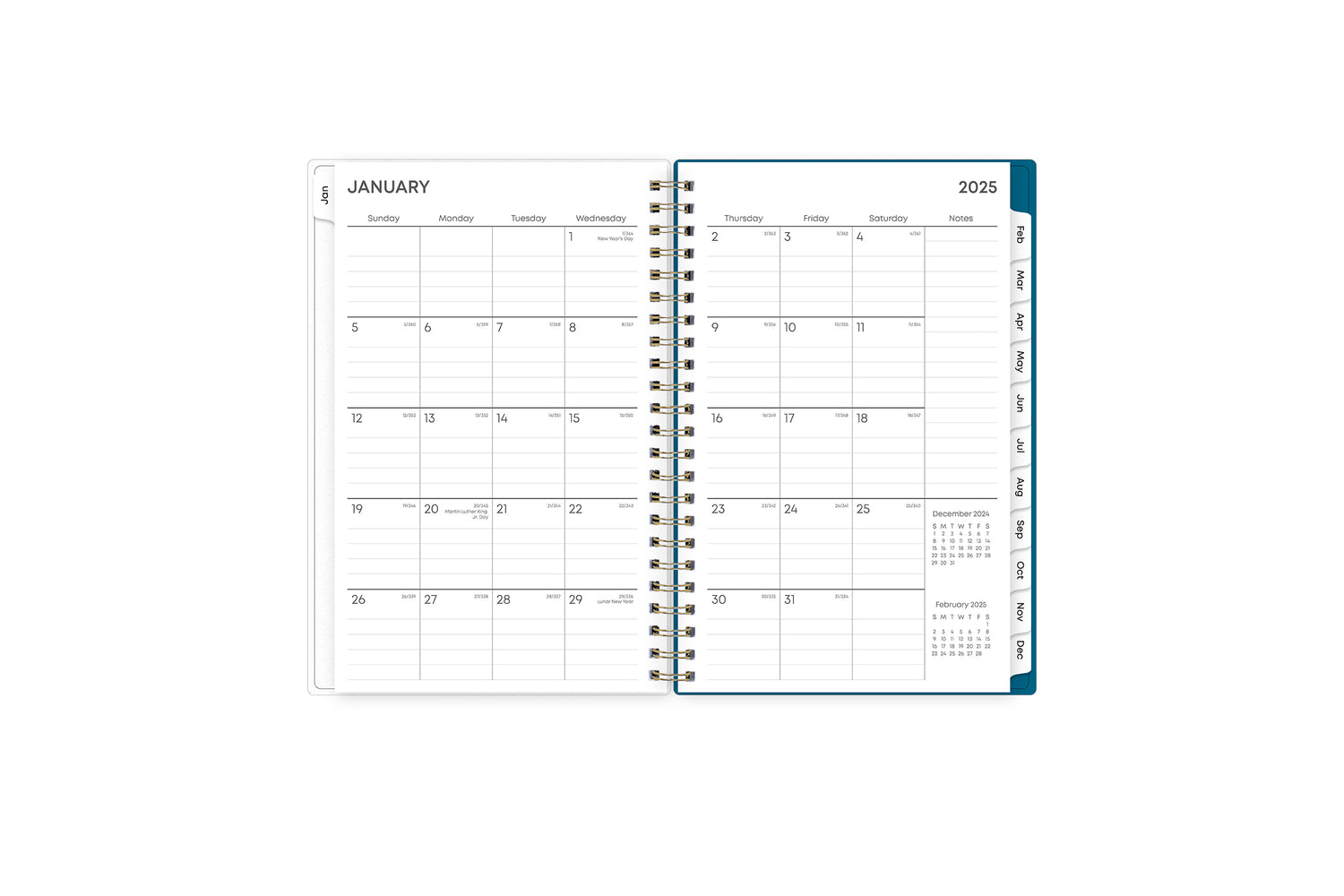 2025 weekly monthly planner featuring a monthly view with lined writing space for each date, reference calendars, and light blue monthly tabs