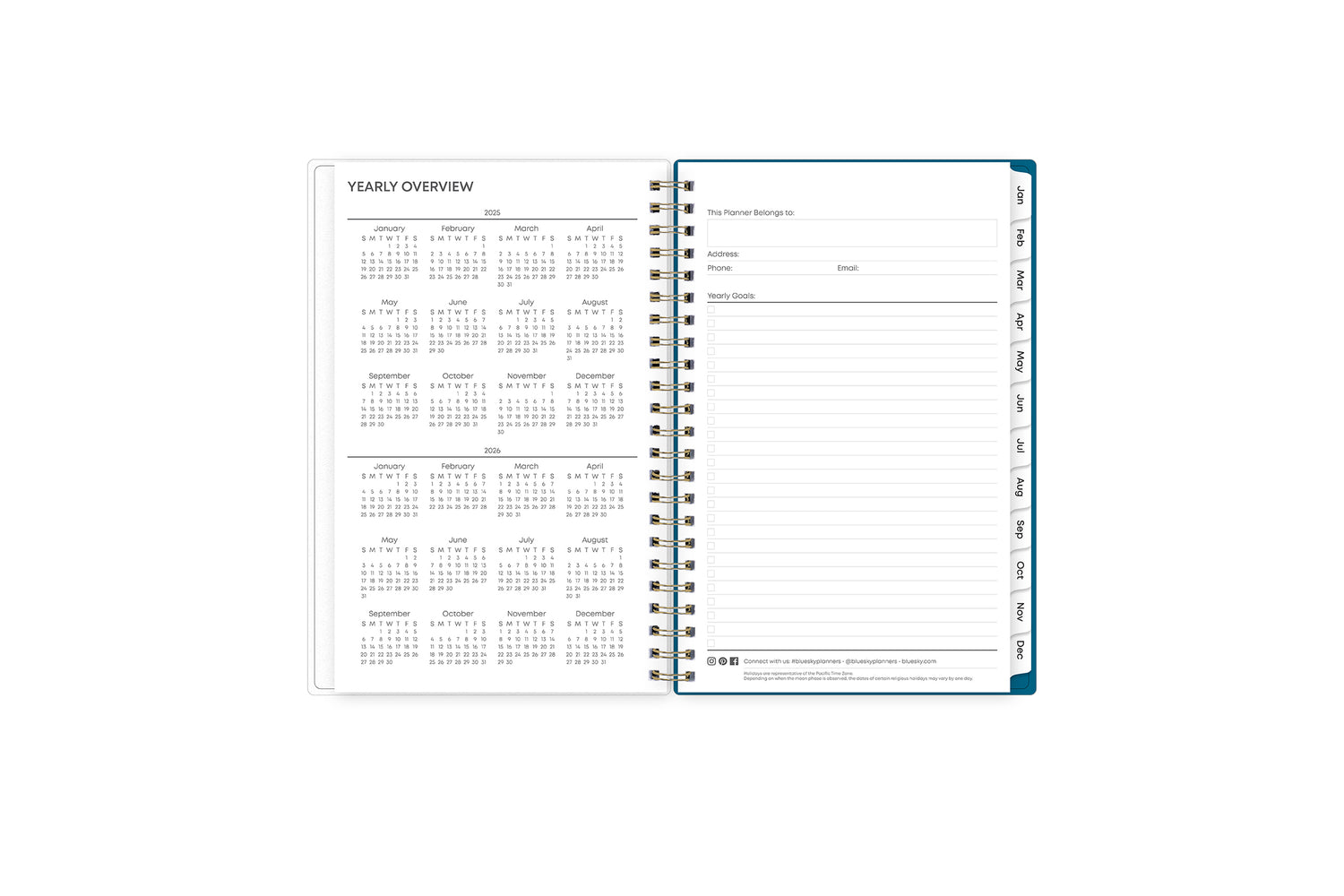 2025 and 2026 yearly overview on the 5x8 weekly monthly planner featuring blue monthly tabs, yearly goals, notes, and contact information.