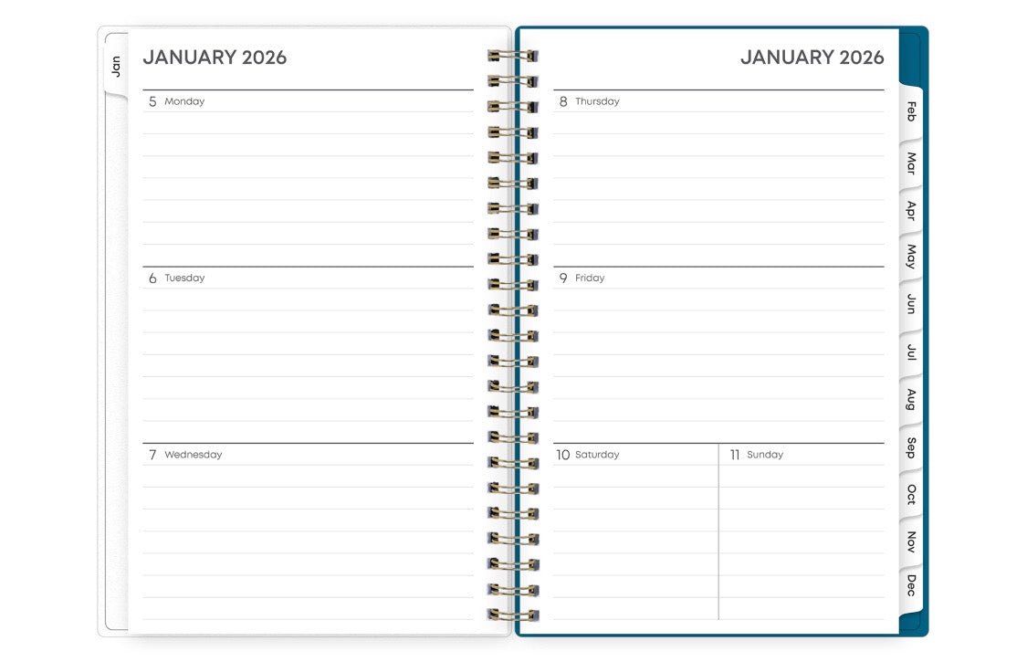 weekly view on this 2026 monthly weekly planner featuring ample lined writing space, weekly to do section, notes section, and blue monthly tabs