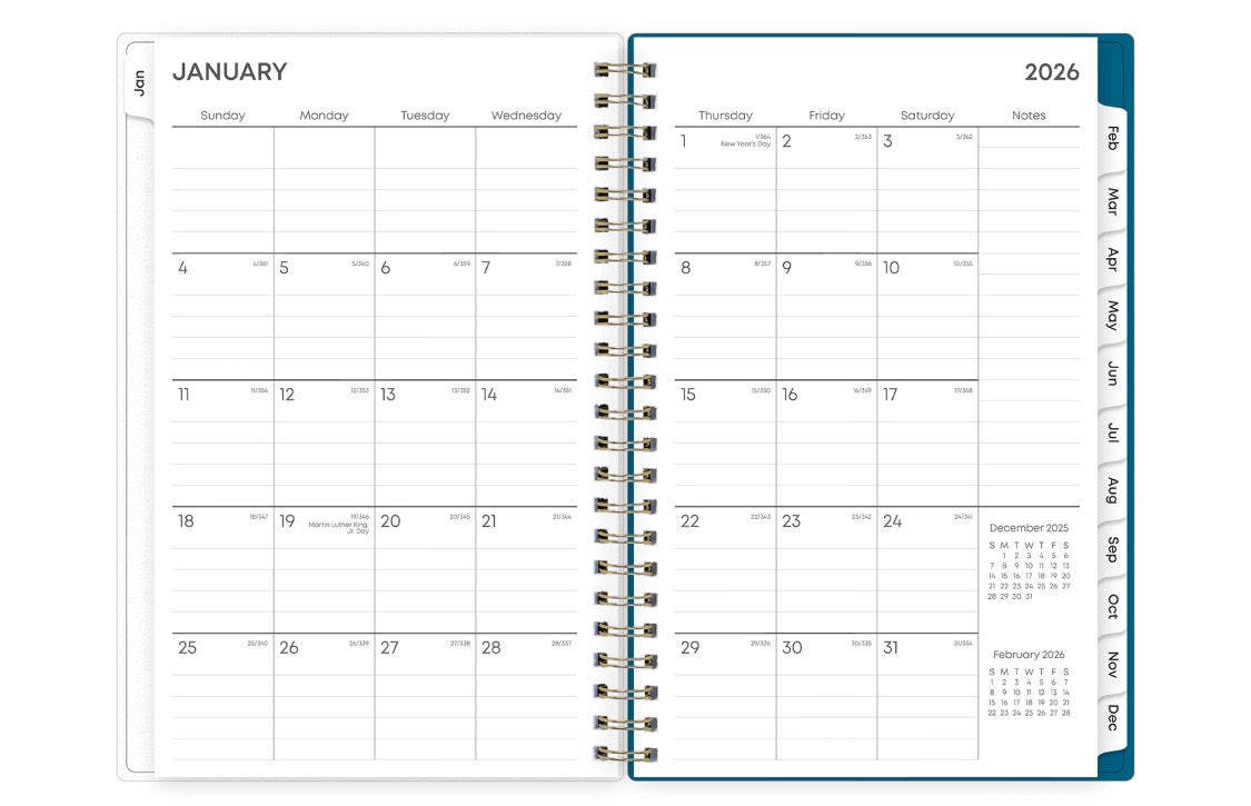 2026 weekly monthly planner featuring a monthly view with lined writing space for each date, reference calendars, and light blue monthly tabs