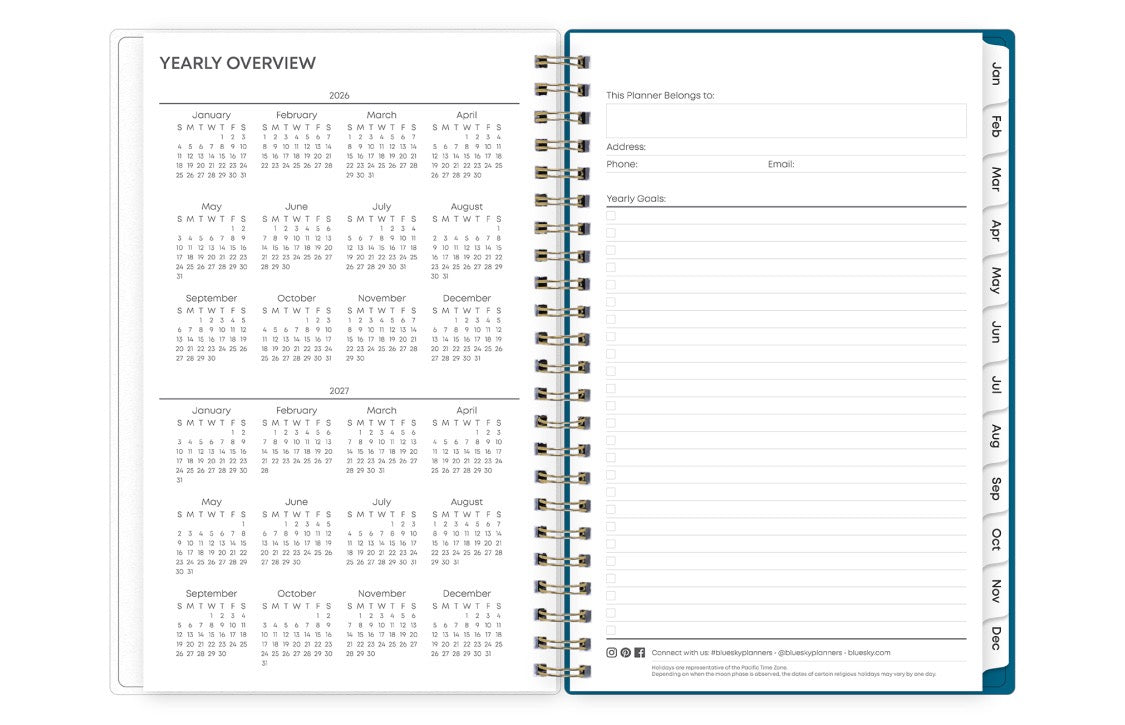2026 and 2027 yearly overview on the 5x8 weekly monthly planner featuring blue monthly tabs, yearly goals, notes, and contact information.