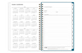2026 and 2027 yearly overview on the 5x8 weekly monthly planner featuring blue monthly tabs, yearly goals, notes, and contact information.