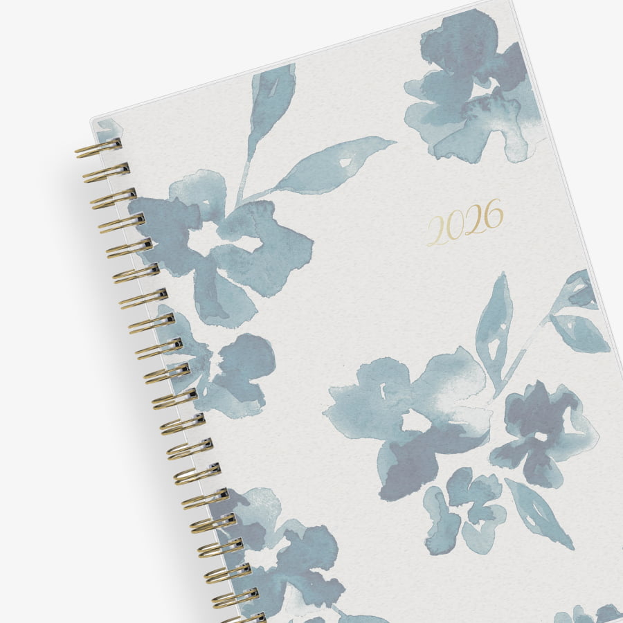 blue sky weekly monthly 2026 planner featuring blue water brushed florals and beige background cover