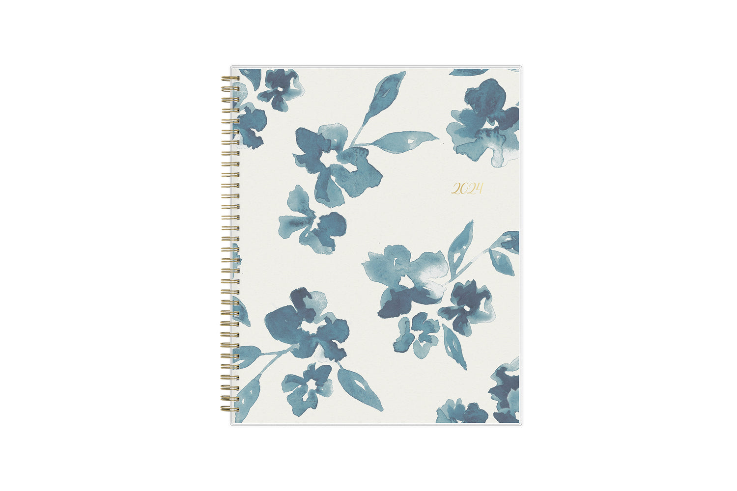 blue sky weekly monthly 2024 planner featuring blue water brushed florals and beige background cover