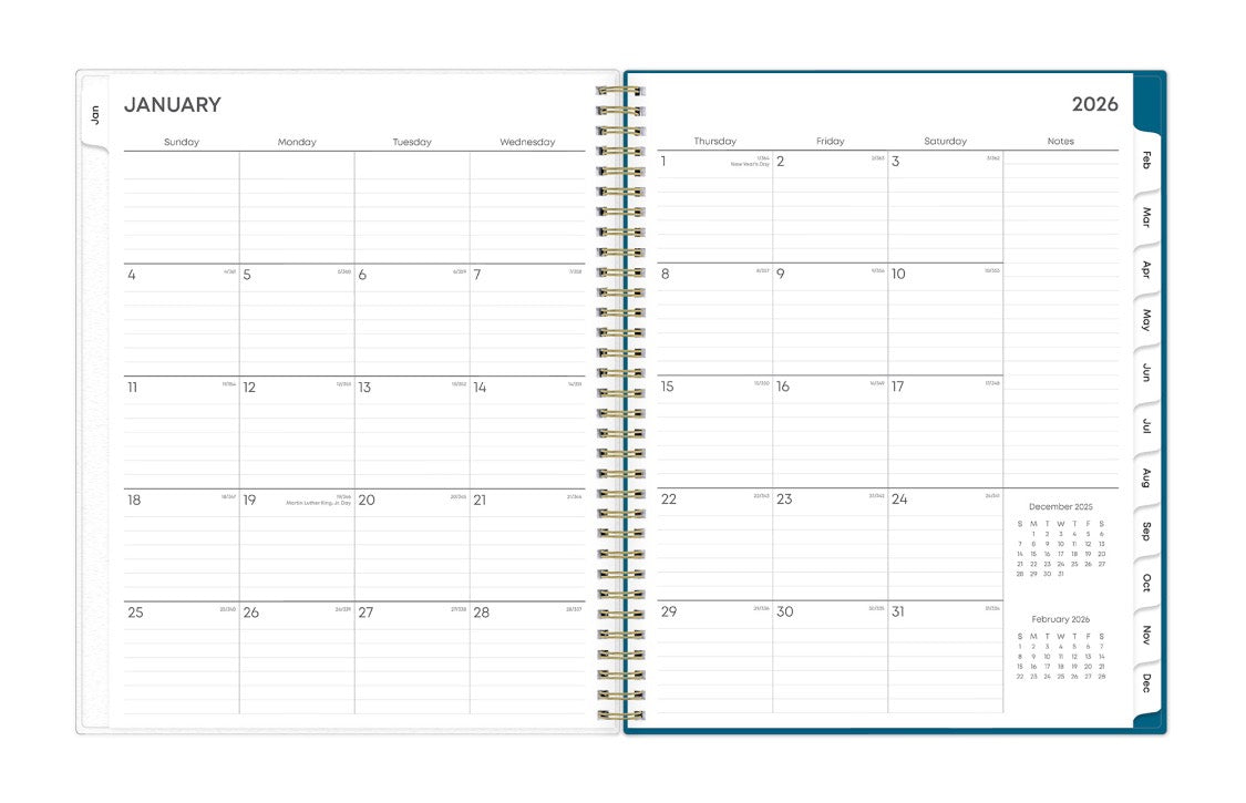 2026 weekly monthly planner featuring a monthly view with lined writing space for each date, reference calendars, and light blue monthly tabs