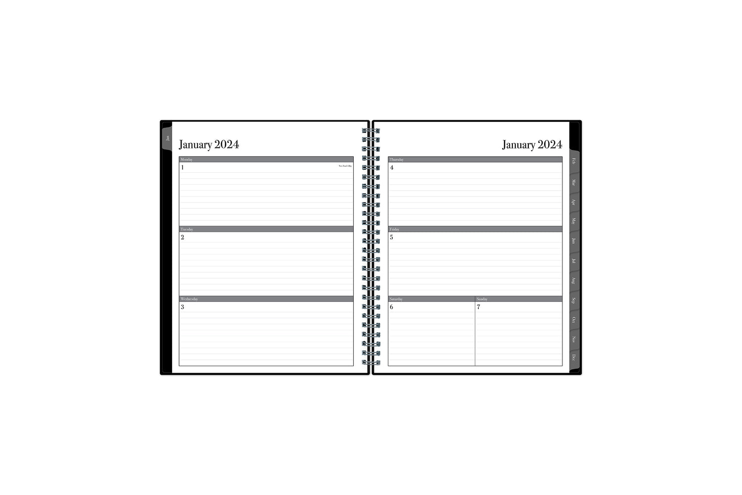 January 2024 - December 2024 weekly monthly planner featuring a week spread boxes for each day, lined writing space, notes section, reference calendars, and dark blue monthly tabs with white text in 7x9 size