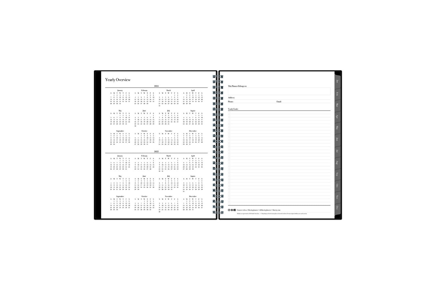 7x9 2024 weekly monthly planner features a yearly overview of 2024 and 2025 with contact page for owner of planner and bulleted yearly goals and accomplishments with navy monthly tabs and white text