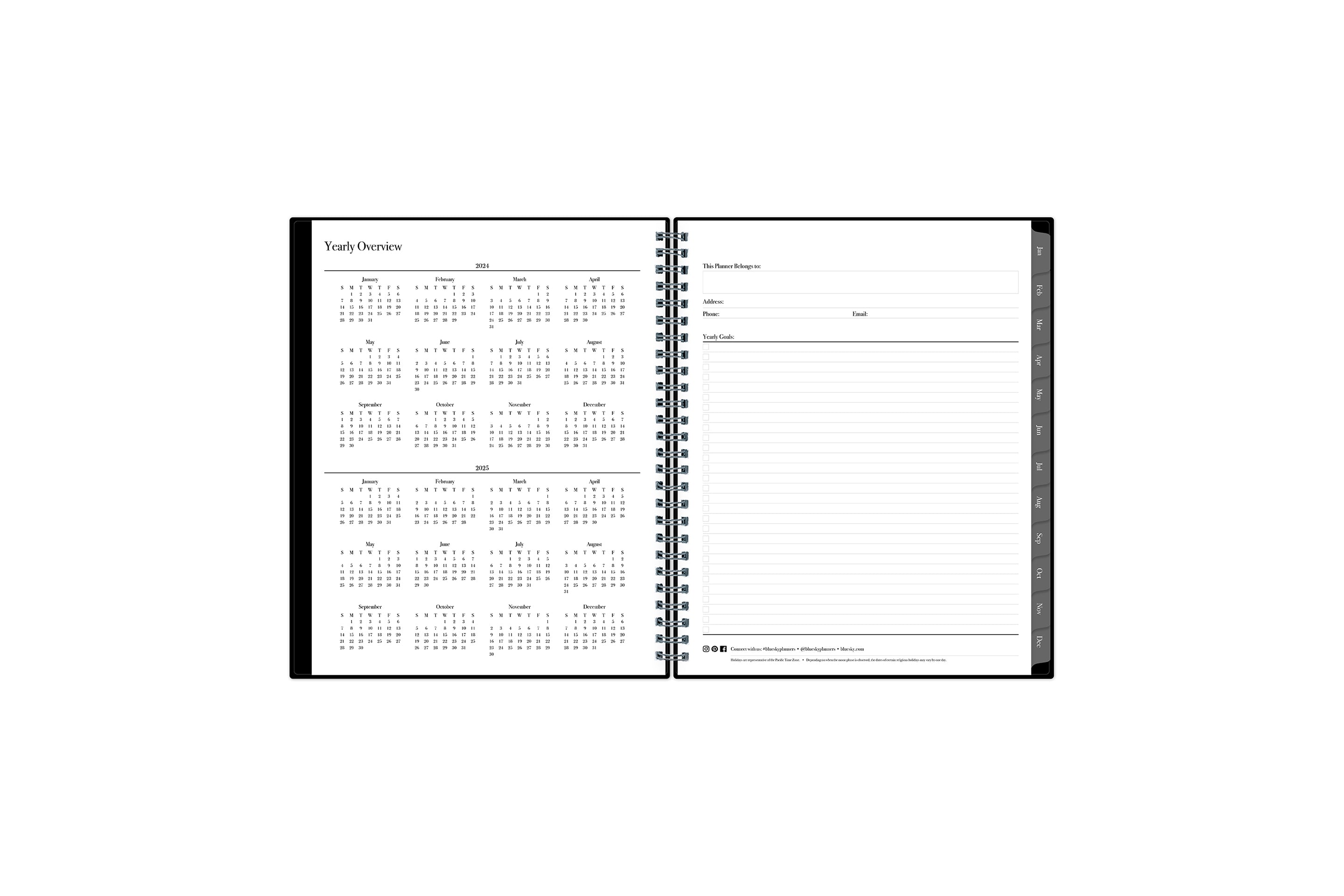 7x9 2024 weekly monthly planner features a yearly overview of 2024 and 2025 with contact page for owner of planner and bulleted yearly goals and accomplishments with navy monthly tabs and white text