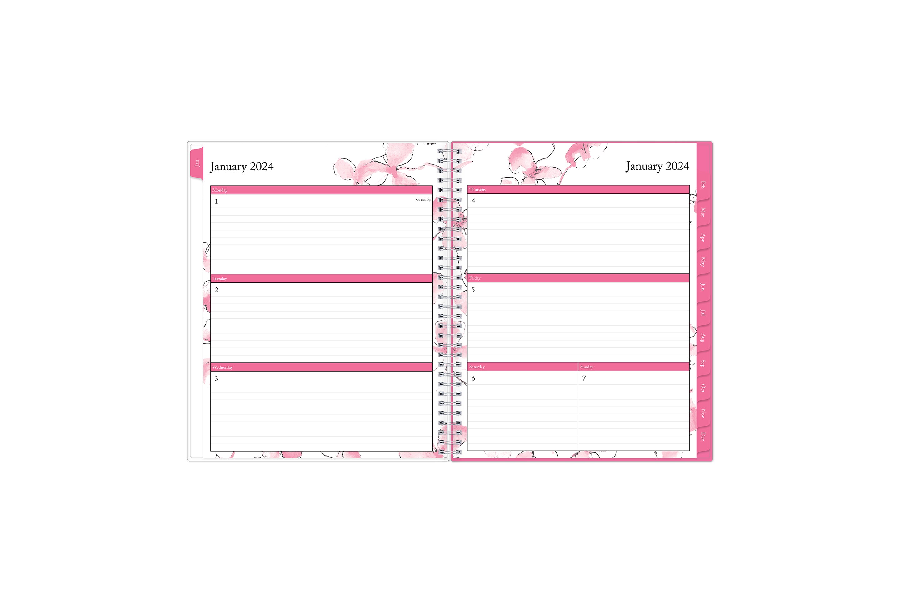 January 2024 to December 2024 weekly monthly planner featuring ample lined writing space, weekly to do list, notes section, and with teal monthly tabs 8.5x11