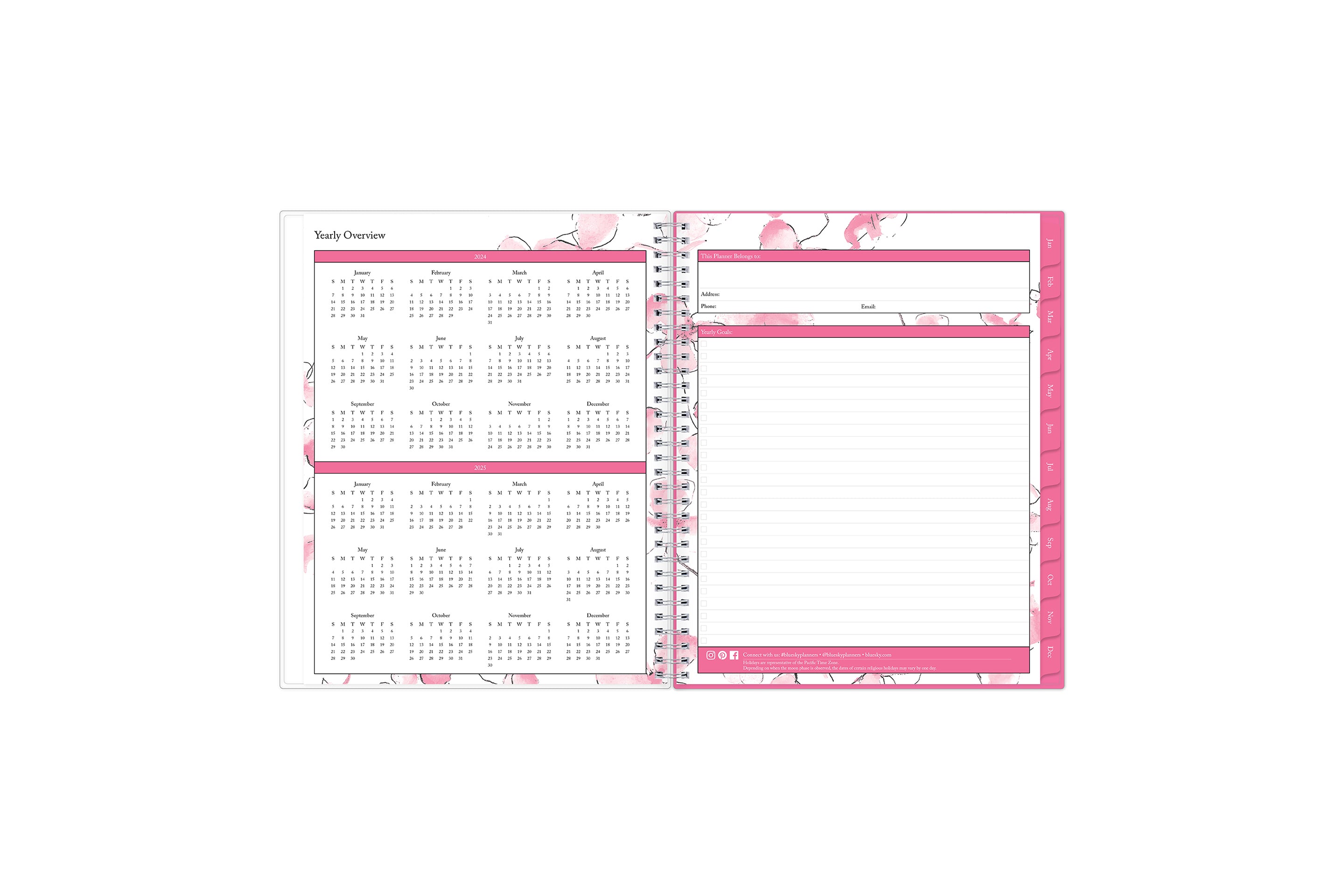 2023 planner featuring a yearly overview of 2024 and 2025 with yearly goals, notes section, and contact information in a 8.5x11 size 2024 weekly monthly planner