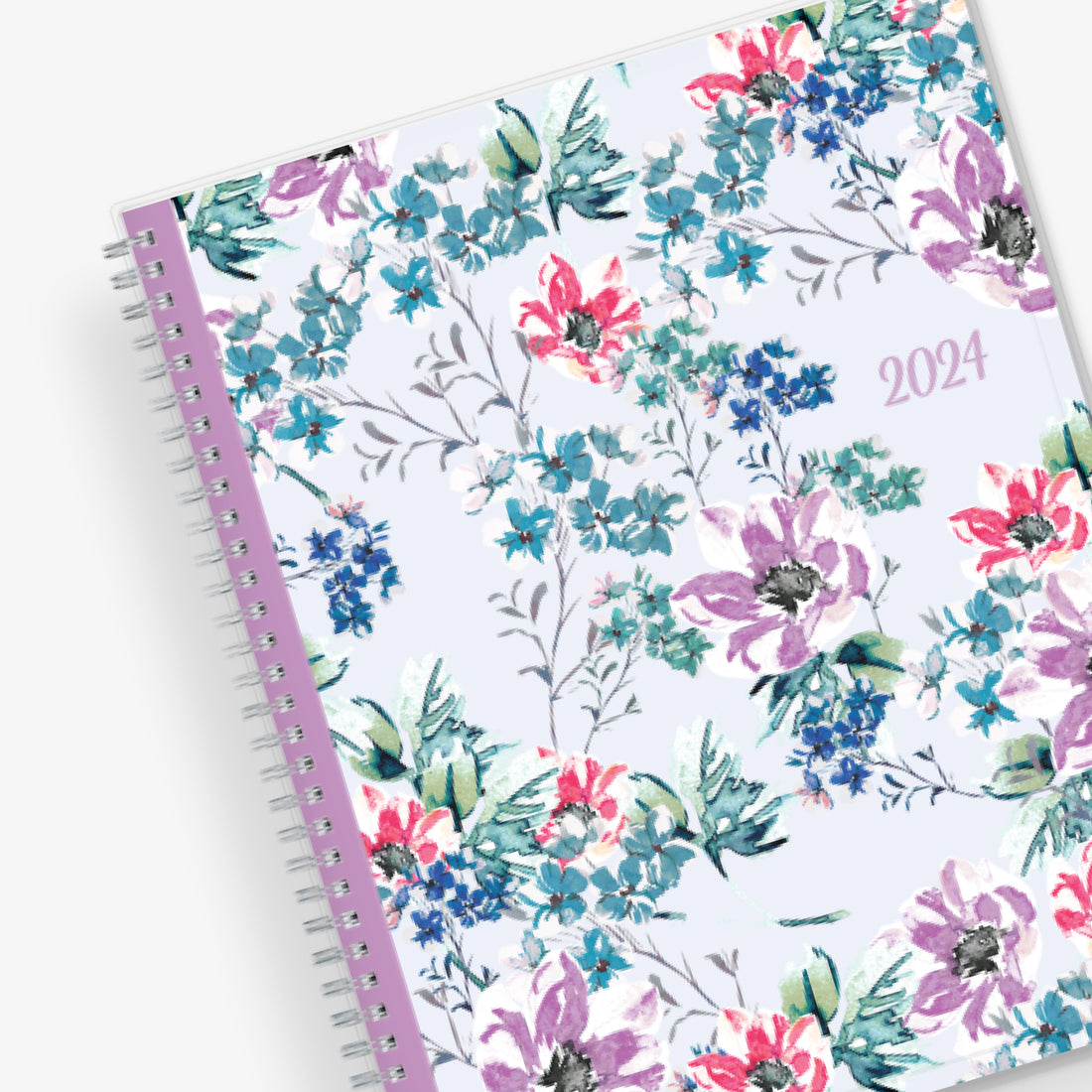 Blue Sky January 2024 - December 2024 weekly monthly planner featuring a floral front cover design with silver wire-o binding