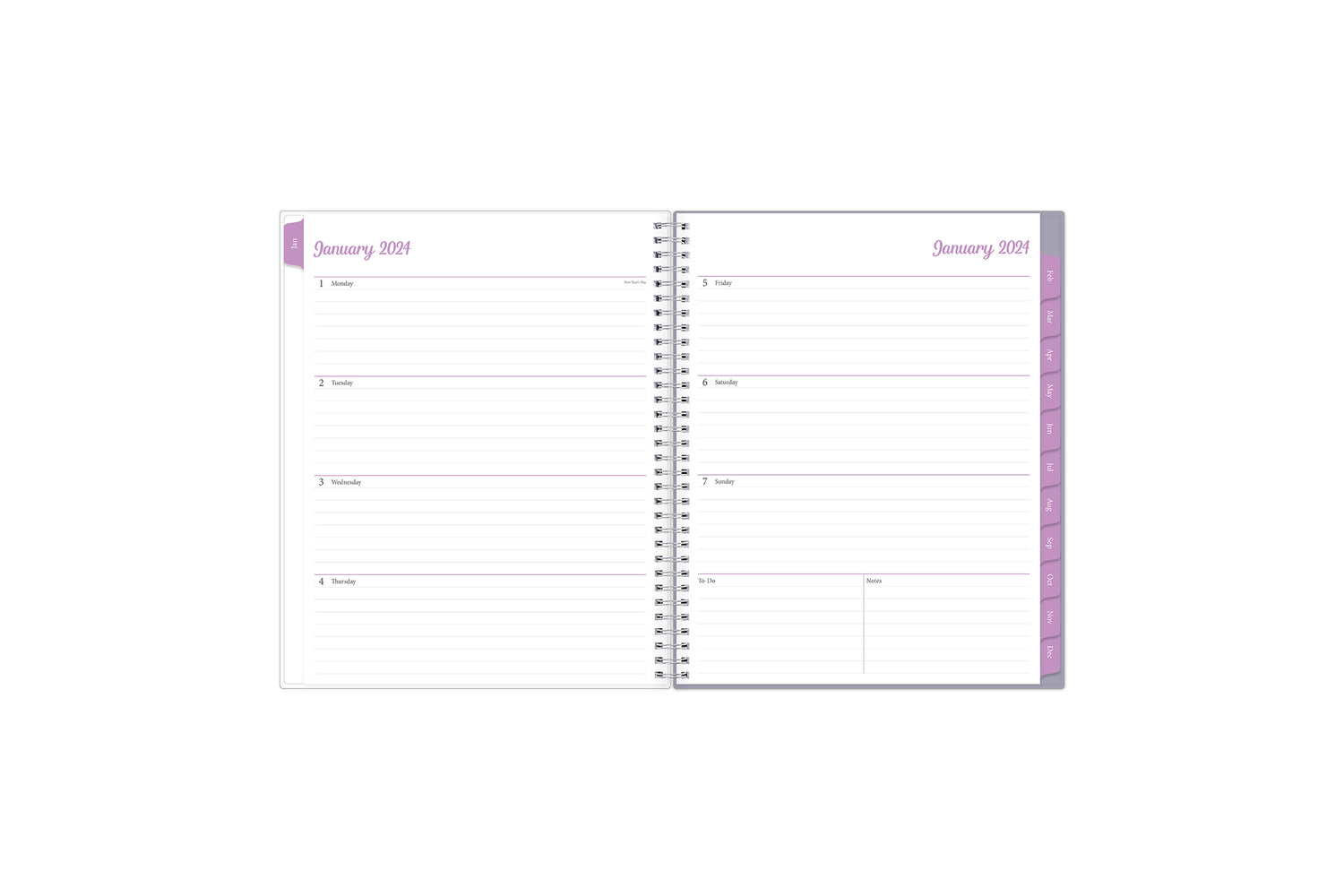 weekly view on this 2024 monthly weekly planner featuring ample lined writing space, weekly to do section, notes section, and blue monthly tabs