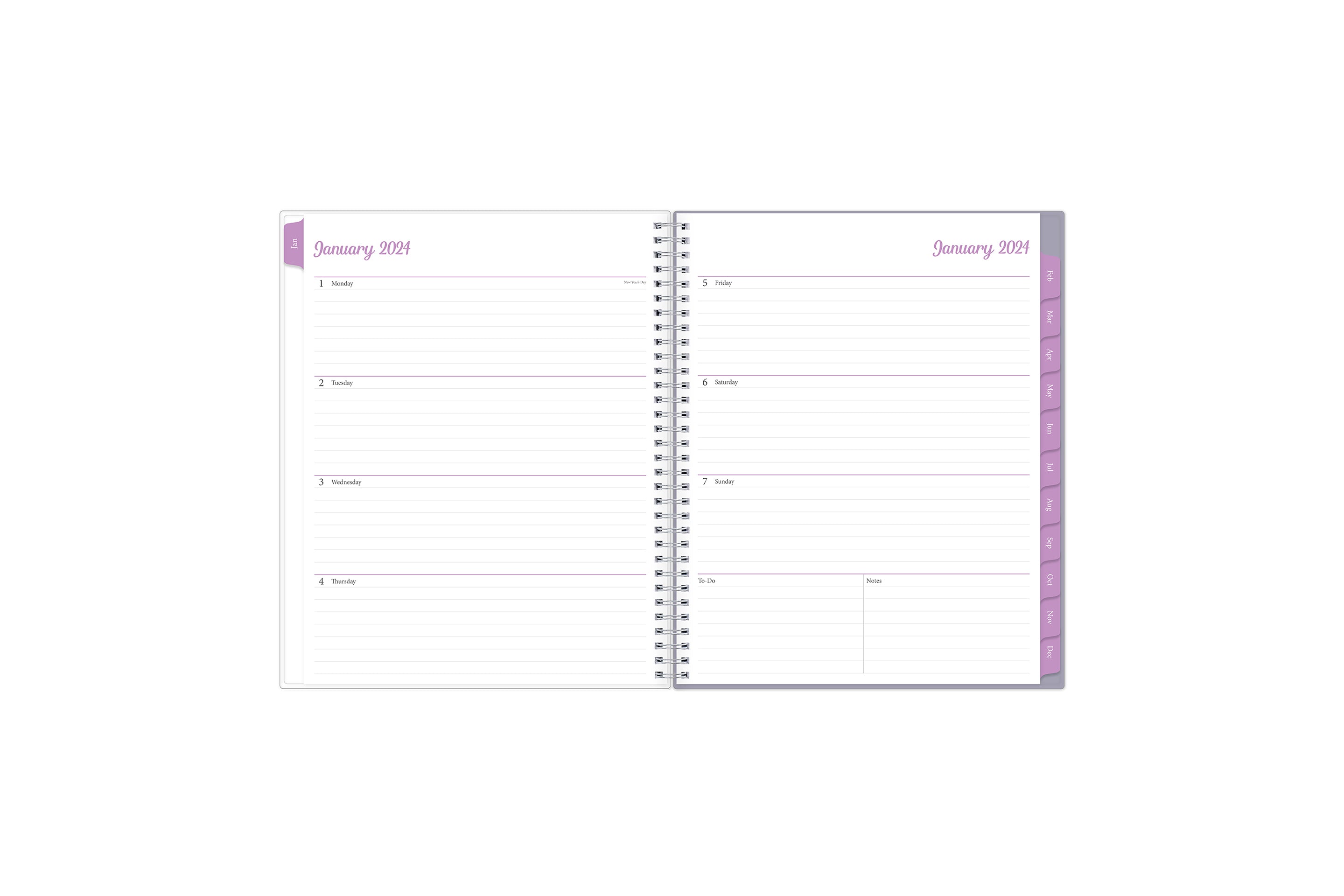weekly view on this 2024 monthly weekly planner featuring ample lined writing space, weekly to do section, notes section, and blue monthly tabs