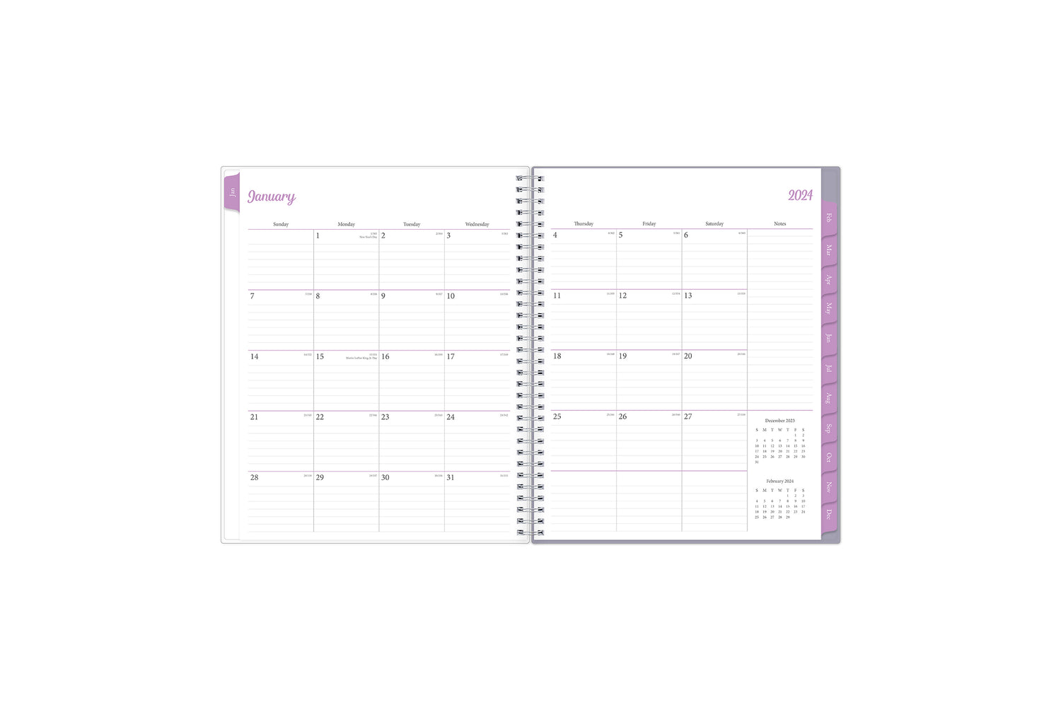 January 2024 - December 2024 weekly monthly planner featuring a monthly view with lined writing space for each date, reference calendars, and light blue monthly tabs
