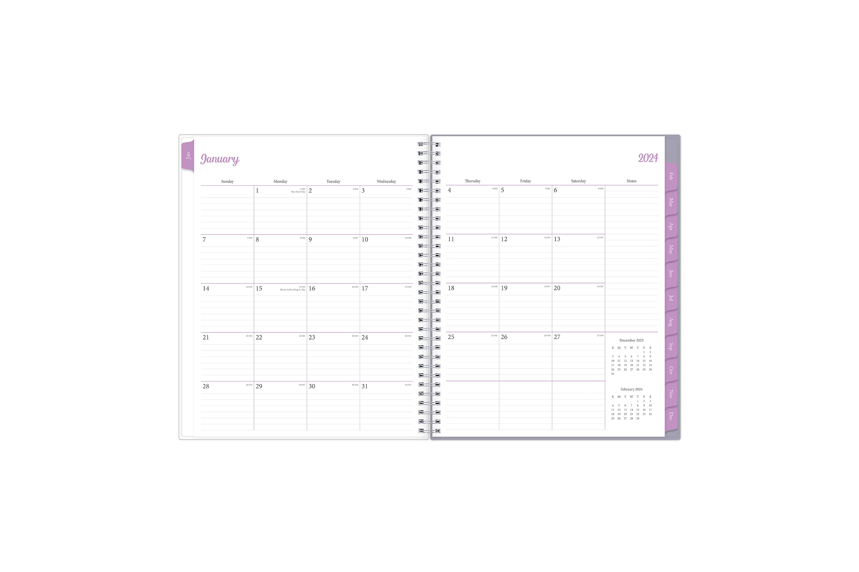 January 2024 - December 2024 weekly monthly planner featuring a monthly view with lined writing space for each date, reference calendars, and light blue monthly tabs
