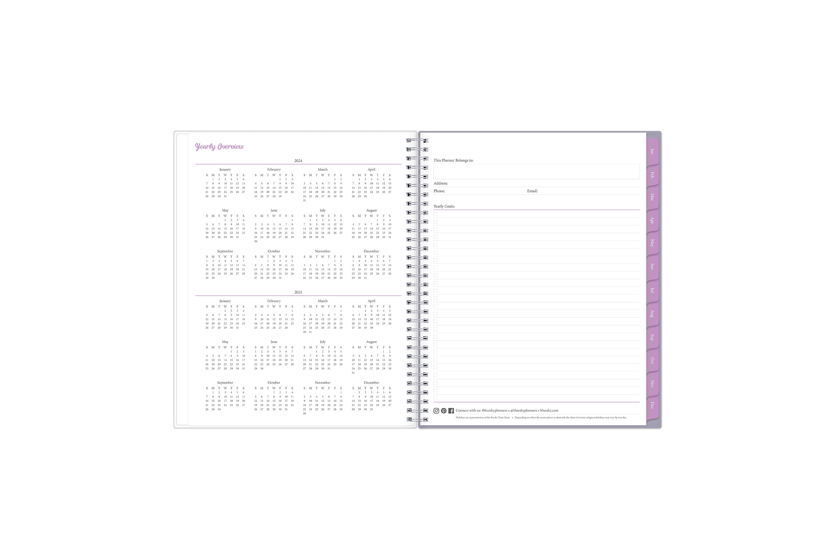 2024 and 2025 yearly overview on the 8.5x11 weekly monthly planner featuring blue monthly tabs, yearly goals, notes, and contact information.