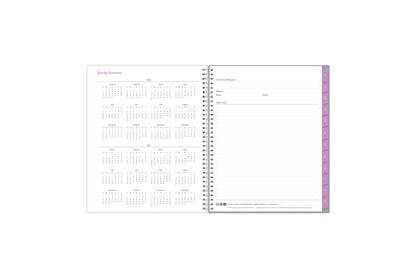 2024 and 2025 yearly overview on the 8.5x11 weekly monthly planner featuring blue monthly tabs, yearly goals, notes, and contact information.