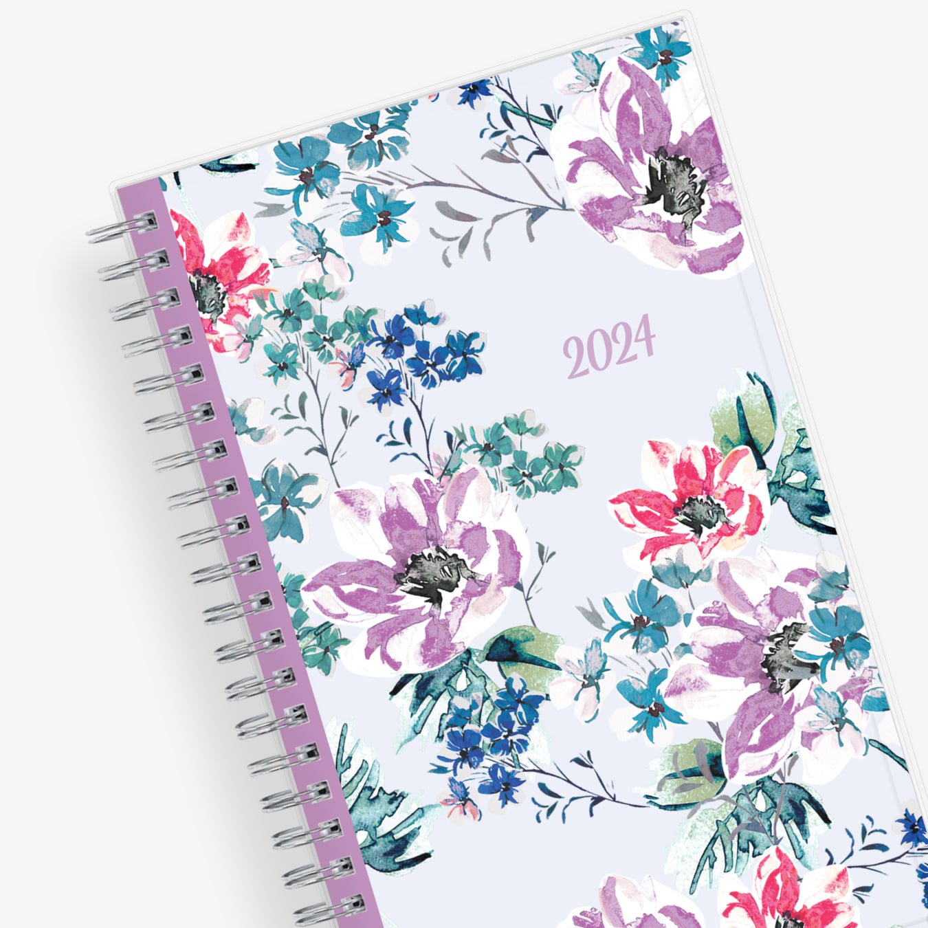 Blue Sky January 2024 - December 2024 weekly monthly planner featuring a floral front cover design with silver wire-o binding