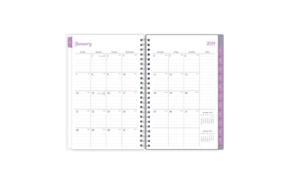 January 2024 - December 2024 weekly monthly planner featuring a monthly view with lined writing space for each date, reference calendars, and light blue monthly tabs