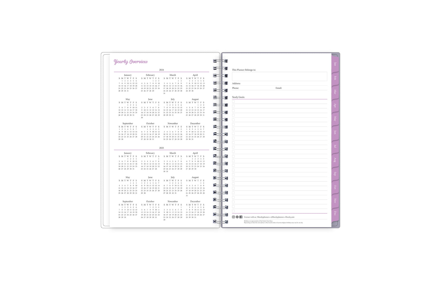 January 2024 - December 2024 weekly monthly planner featuring a monthly view with lined writing space for each date, reference calendars, and light blue monthly tabs