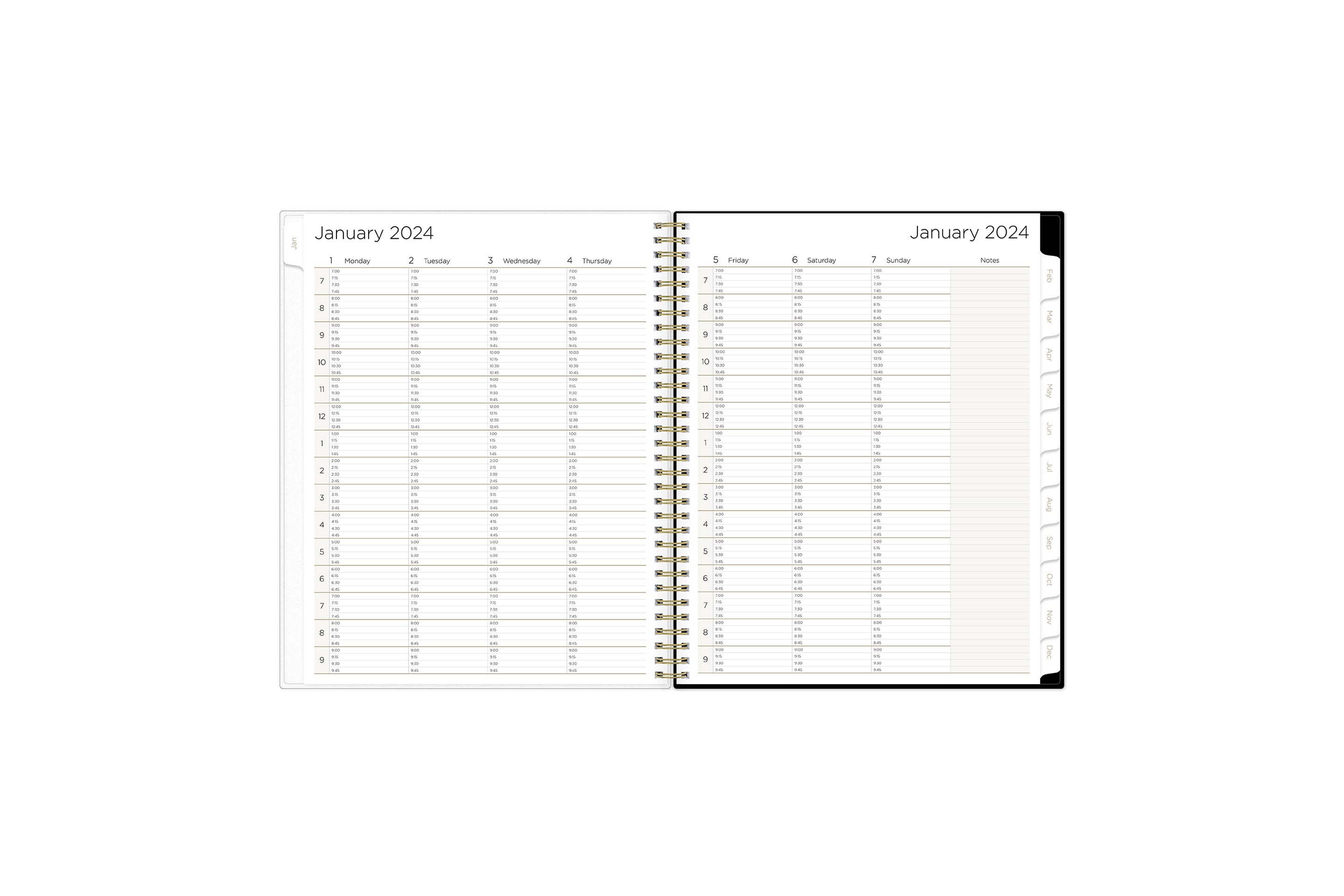 The January 2024 - December 2024 weekly appointment book from Blue Sky features a clean, optimized weekly spread with 15 minute intervals, lined writing space, notes section, and dark white monthly tabs for easy navigating