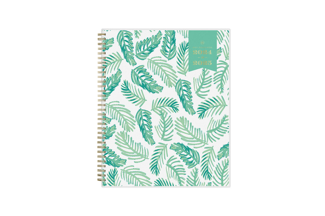 weekly and monthly day designer planner for blue sky featuring palms front cover silver wire-o binding in a 8.5x11 planner size