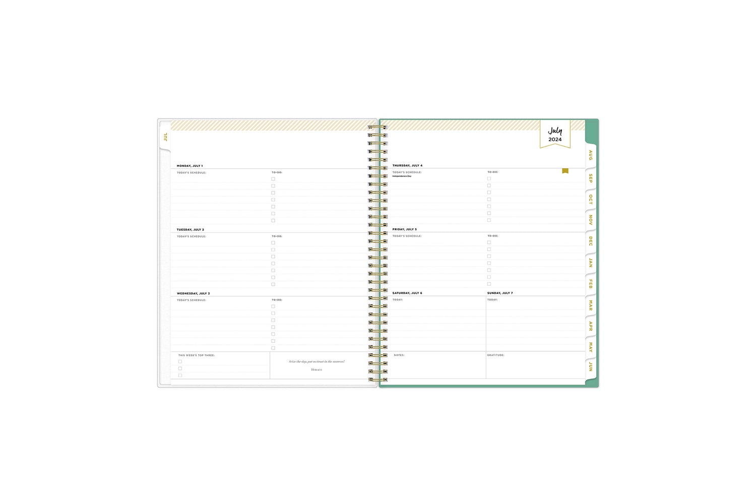 academic weekly monthly planner featuring a weekly spread grid lined notes, to-do list, goals, mint tabs, and reference calendars in 8.5x11 planner size