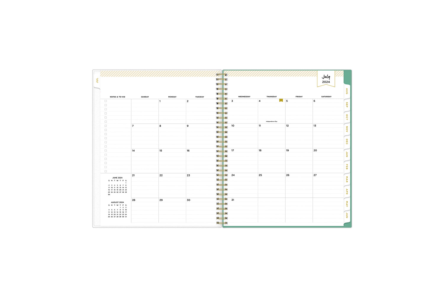academic weekly monthly planner featuring a monthly spread grid lined notes, to-do list, goals, mint tabs, and reference calendars in 8.5x11 planner size