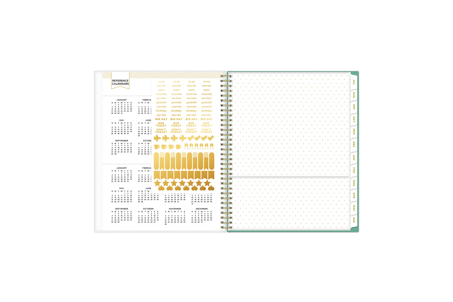gold sticker sheet, reference calendar, paper pocket
