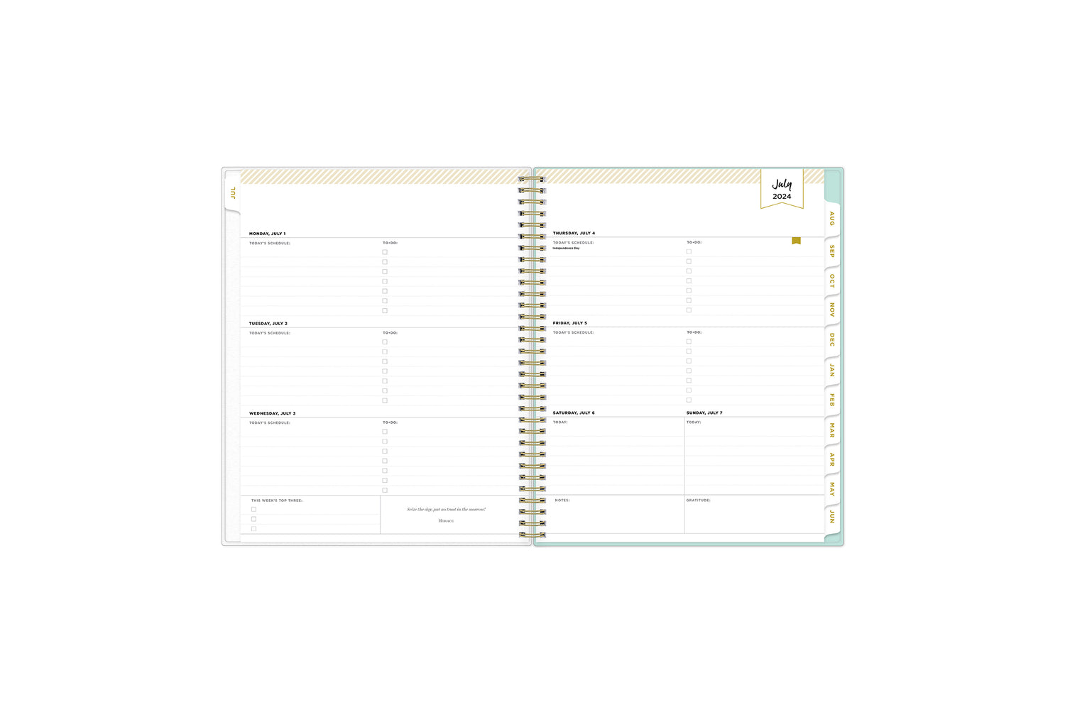 monthly planner features a weekly spread with ample lined writing space, notes section, reference calendars and light blue monthly tabs in 8.5x11 planner