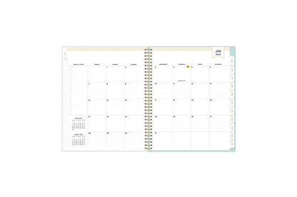 monthly planner features a monthly spread with ample lined writing space, notes section, reference calendars and light blue monthly tabs in 8.5x11 planner