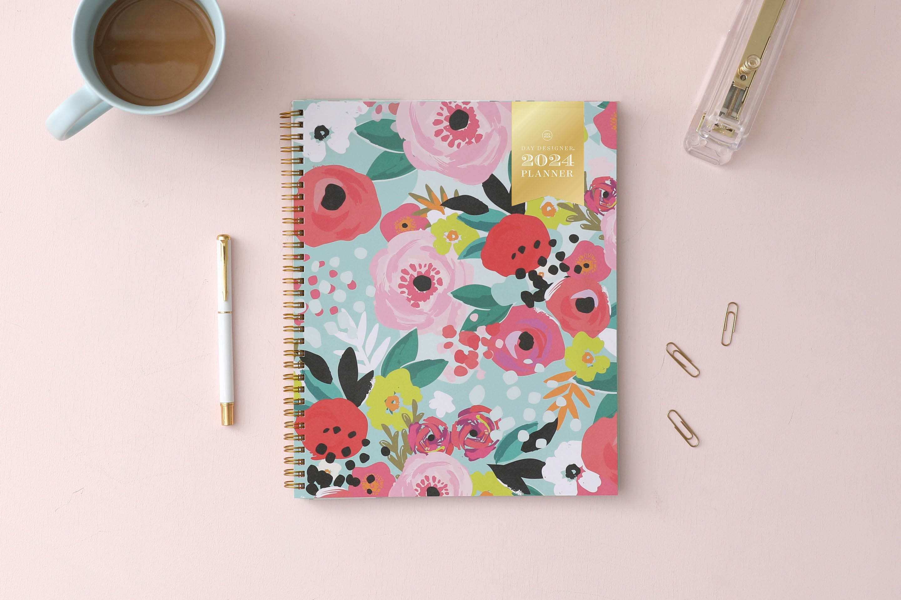 This 2024 weekly monthly planner features a cute and fun floral pattern with gold twin wire-o binding 8.5x11