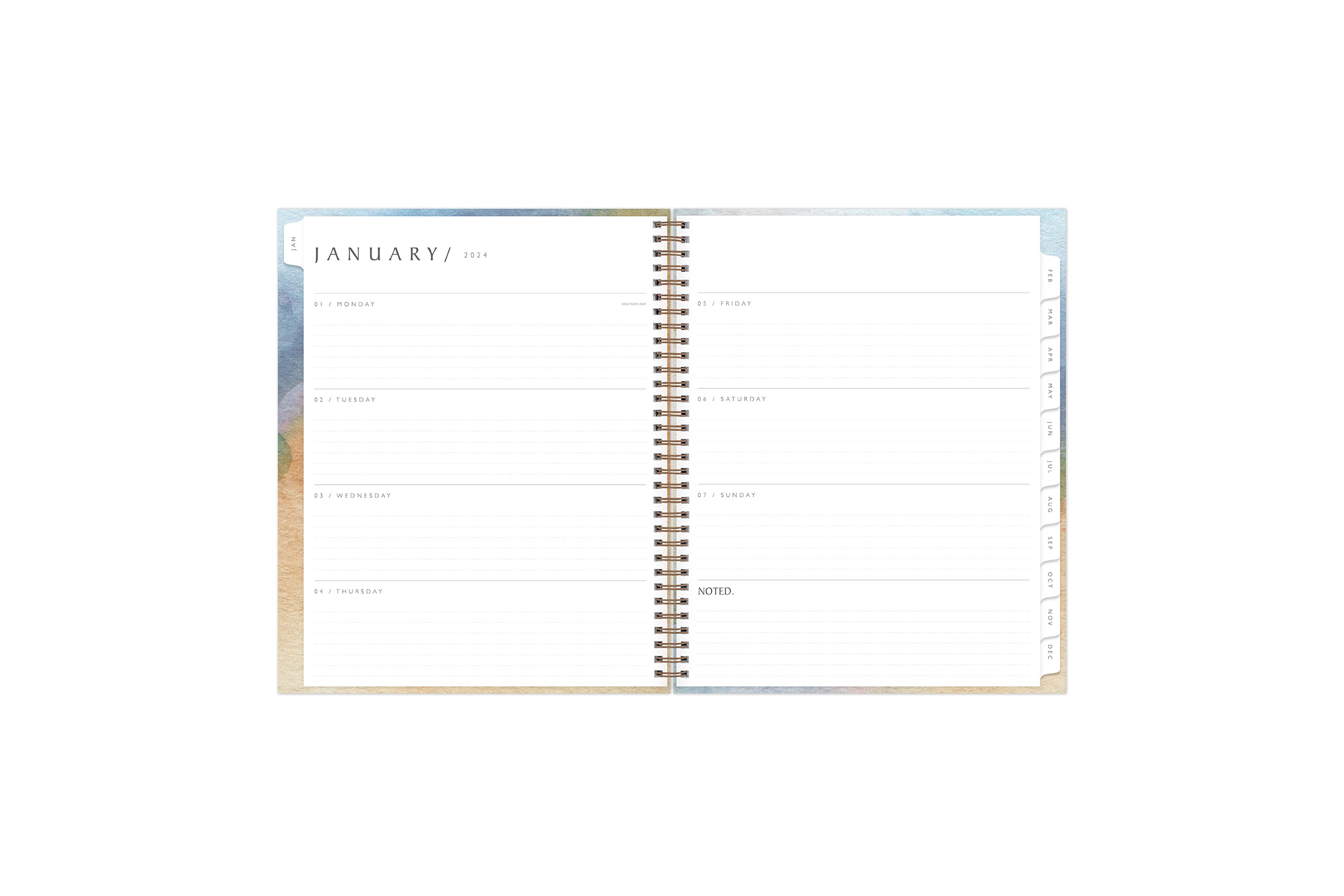 January 2024 - December 2024 weekly monthly planner featuring a weekly spread with lined writing space, notes section, reference calendars, and light purple monthly tabs in 8.5x11 size