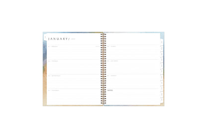January 2024 - December 2024 weekly monthly planner featuring a weekly spread with lined writing space, notes section, reference calendars, and light purple monthly tabs in 8.5x11 size