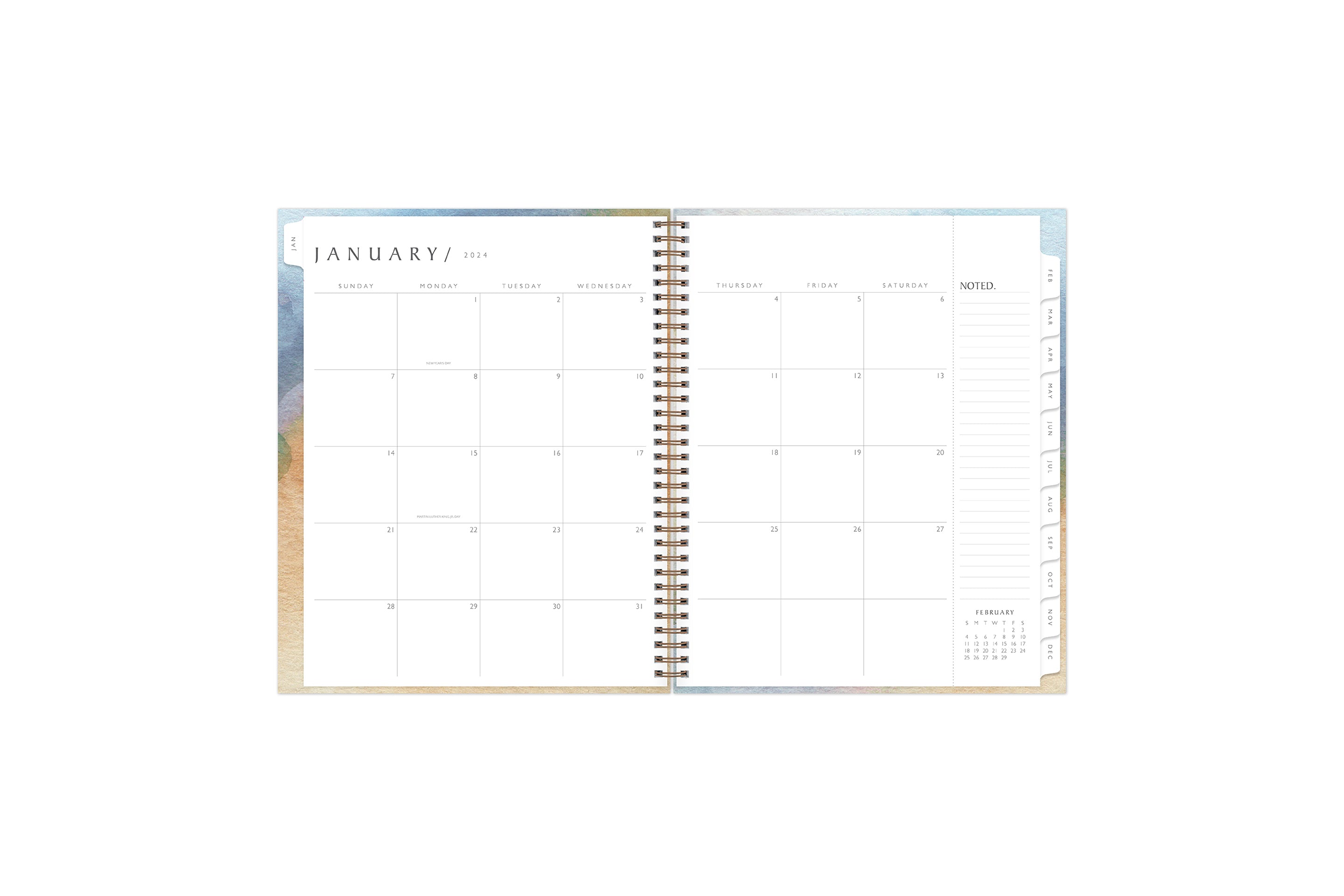 January 2024 - December 2024weekly monthly planner featuring a monthly spread boxes for each day, blank writing space, notes section, reference calendars, and light purple monthly tabs in 8.5x11 size