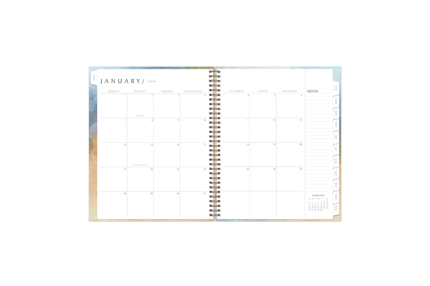 January 2024 - December 2024weekly monthly planner featuring a monthly spread boxes for each day, blank writing space, notes section, reference calendars, and light purple monthly tabs in 8.5x11 size