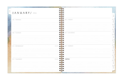 January 2026 - December 2026 weekly monthly planner featuring a weekly spread with lined writing space, notes section, reference calendars, and light purple monthly tabs in 8.5x11 size