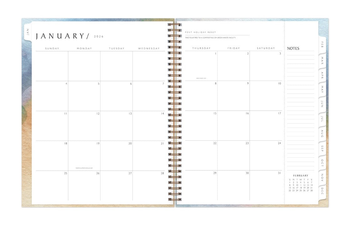 January 2026 - December 2026 weekly monthly planner featuring a monthly spread boxes for each day, blank writing space, notes section, reference calendars, and light purple monthly tabs in 8.5x11 size