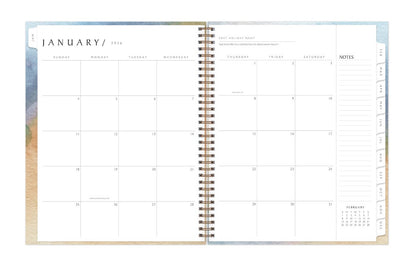 January 2026 - December 2026 weekly monthly planner featuring a monthly spread boxes for each day, blank writing space, notes section, reference calendars, and light purple monthly tabs in 8.5x11 size