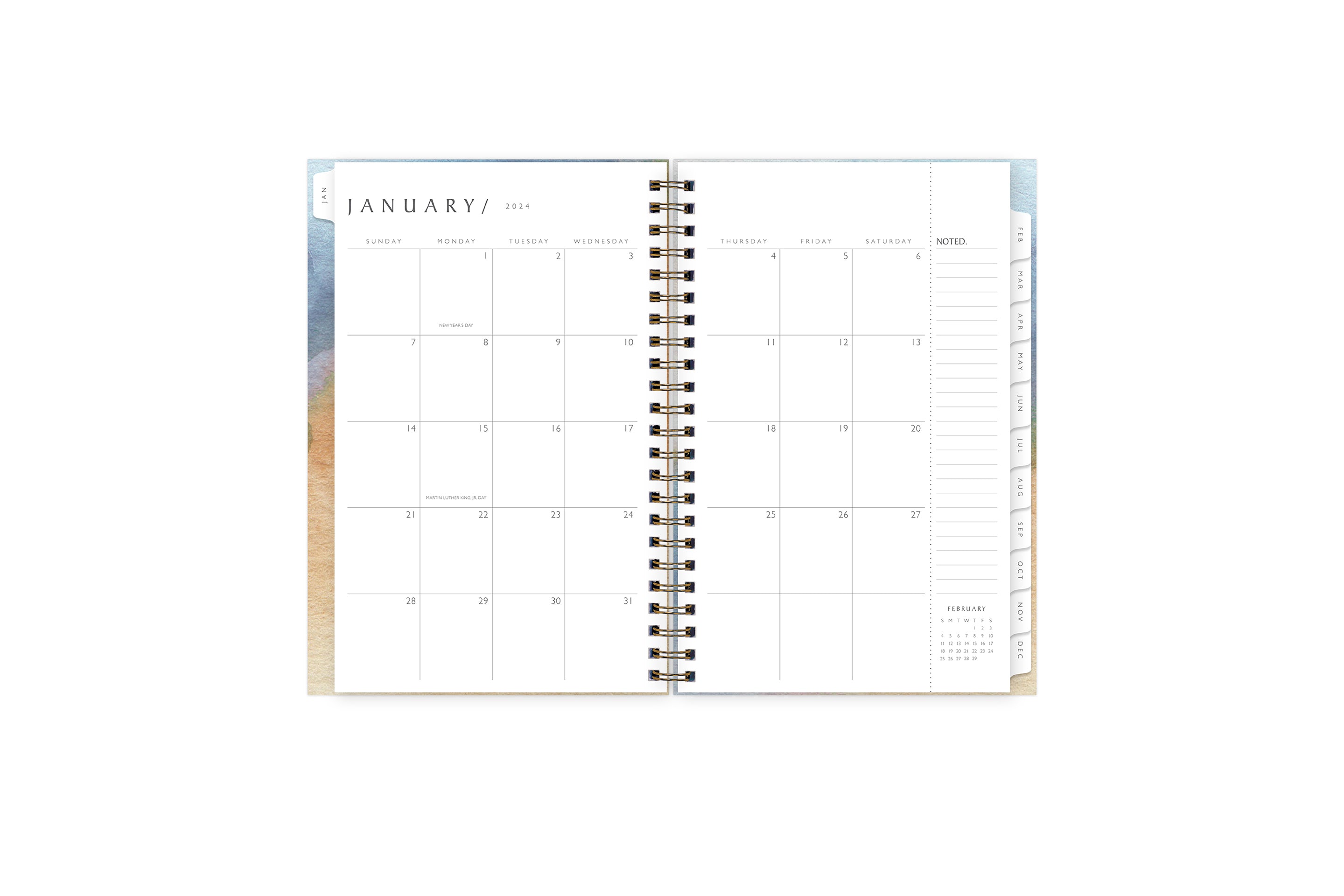 January 2024 - December 2024weekly monthly planner featuring a monthly spread boxes for each day, blank writing space, notes section, reference calendars, and light purple monthly tabs in 5x8  size