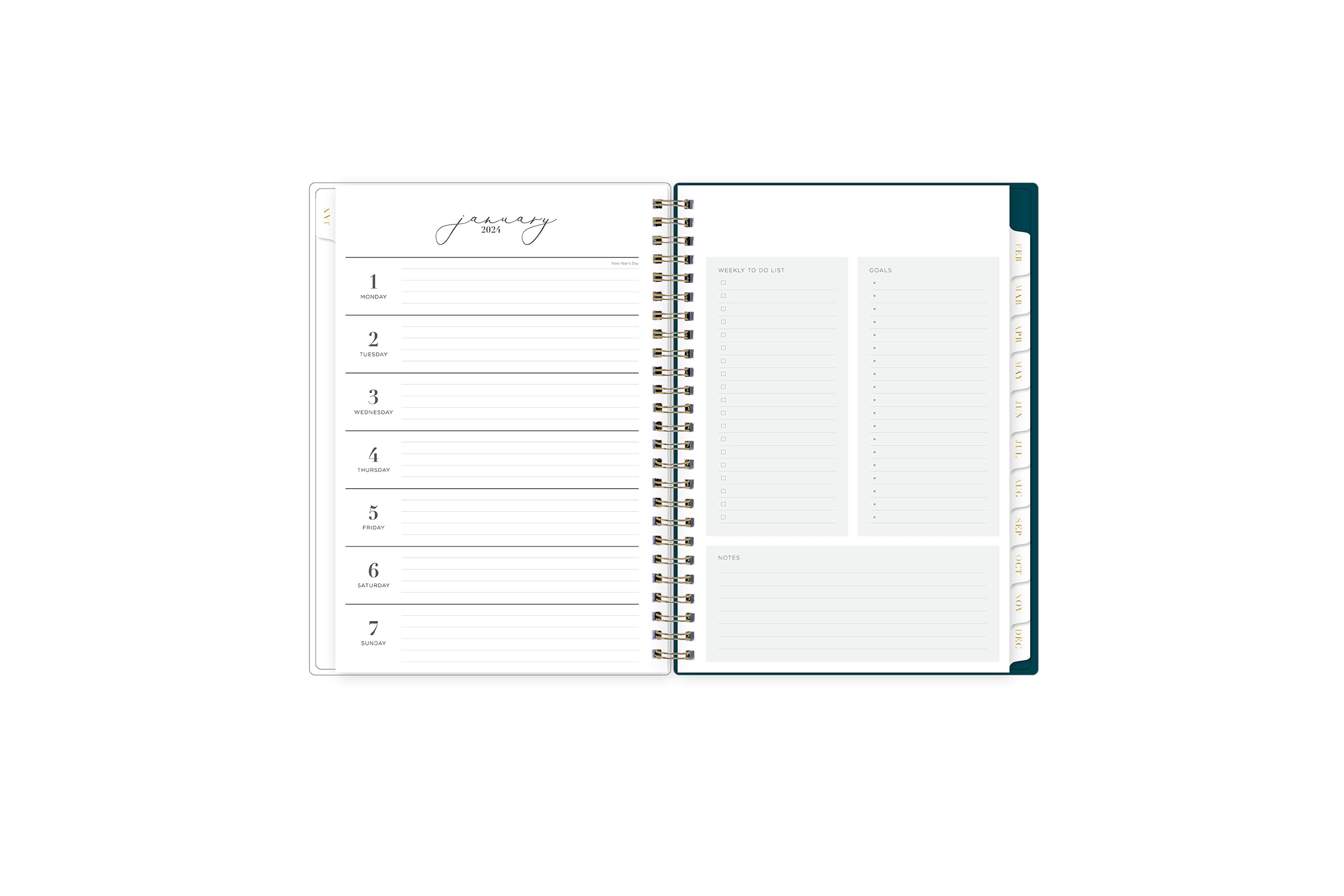 The new and improved Life Note It 2024  weekly planner features a weekly spread with clean white writing space, to do list, goals, and notes section for every important detail needed for planning a successful week in a 5.875x8.625 planner size