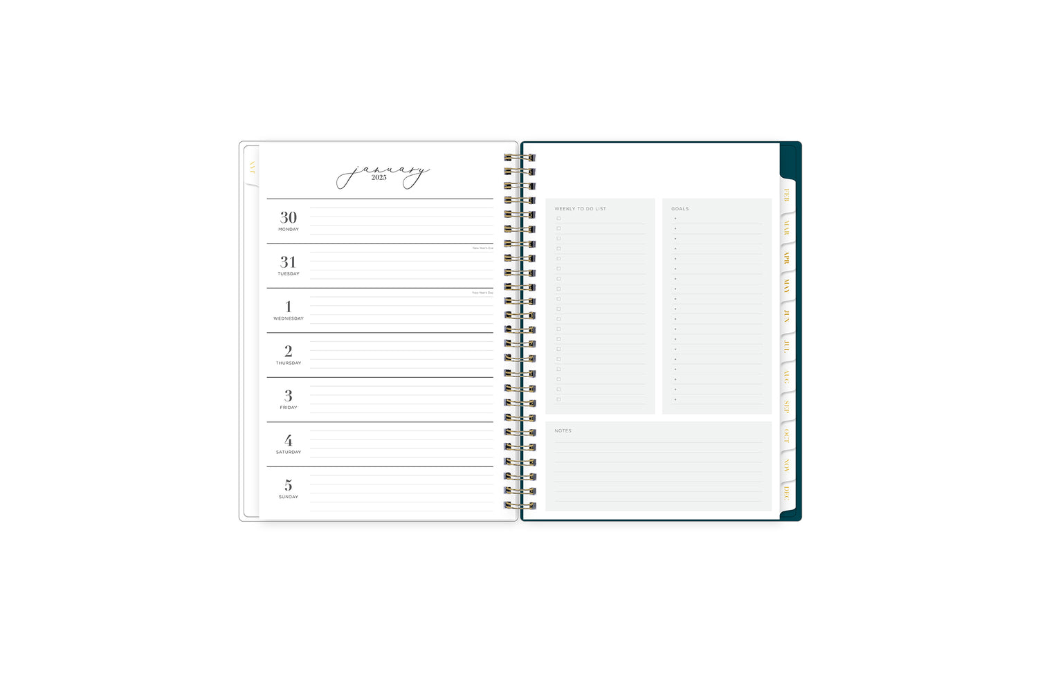 The new and improved Life Note It 2025 weekly planner features a weekly spread with clean white writing space, to do list, goals, and notes section for every important detail needed for planning a successful week in a 5.875x8.625 planner size