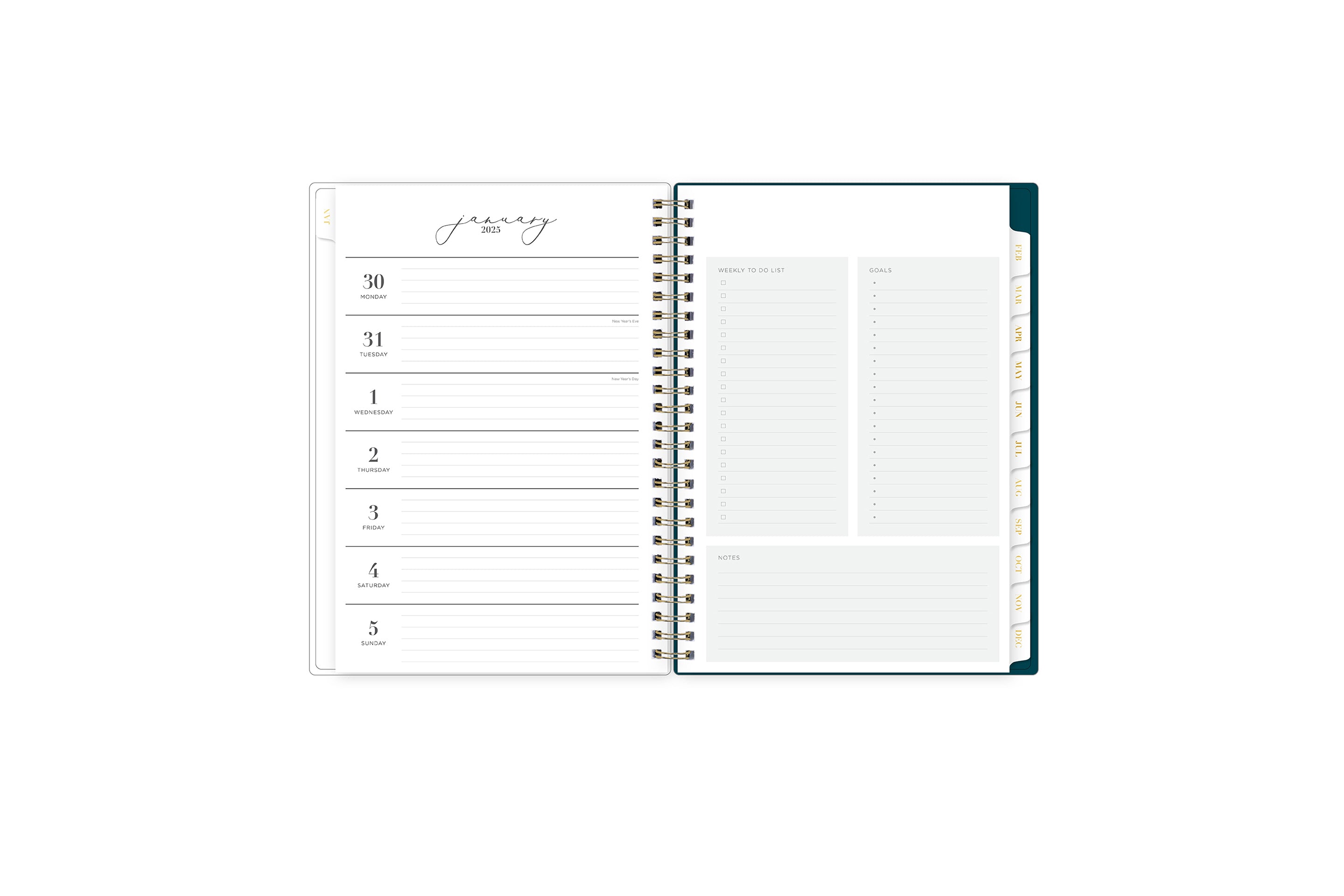 The new and improved Life Note It 2025 weekly planner features a weekly spread with clean white writing space, to do list, goals, and notes section for every important detail needed for planning a successful week in a 5.875x8.625 planner size