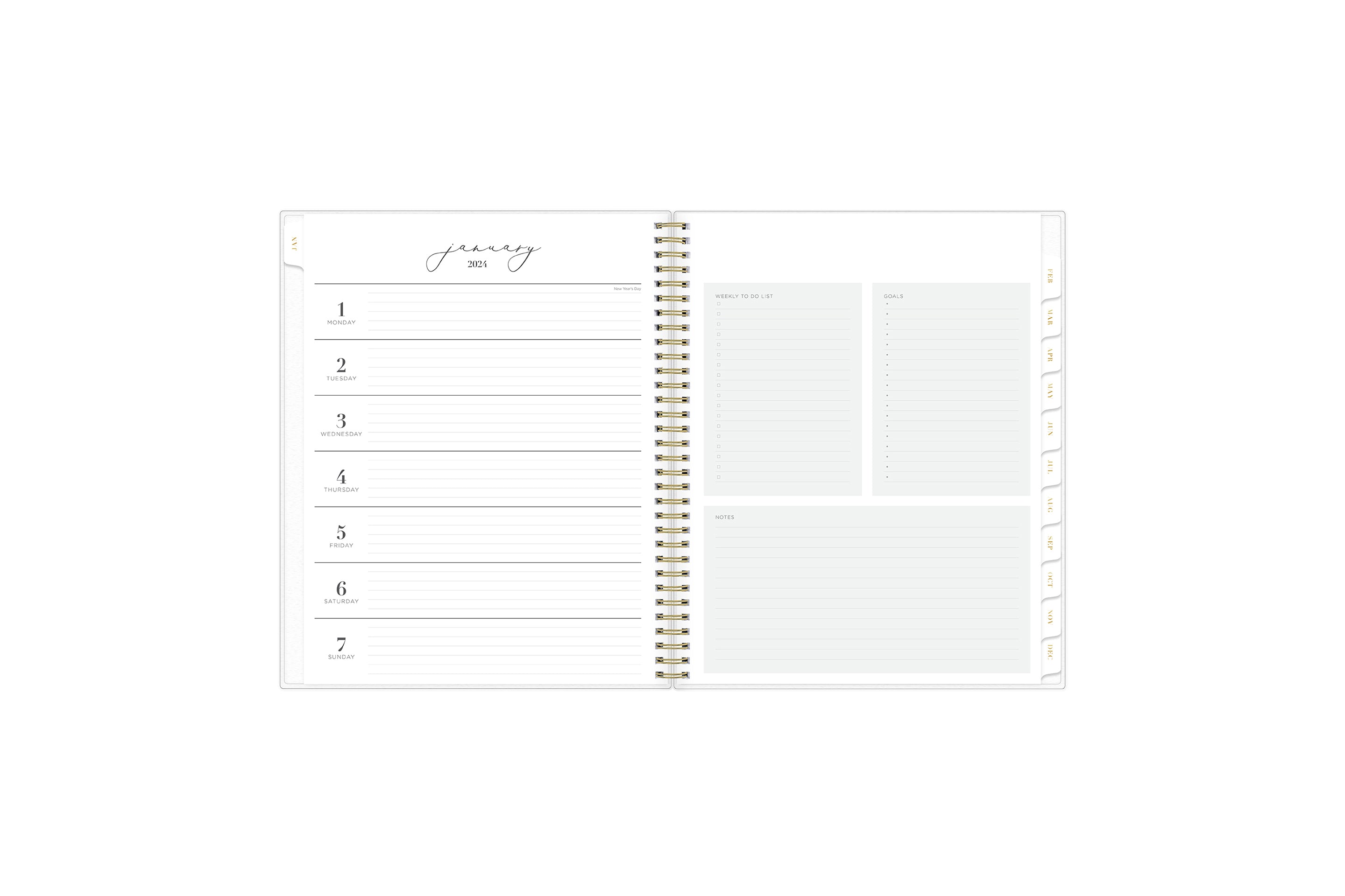 The new and improved Life Note It 2024 weekly planner features a weekly spread with clean white writing space, to do list, goals, and notes section for every important detail needed for planning a successful week in a 8.5x11 planner size