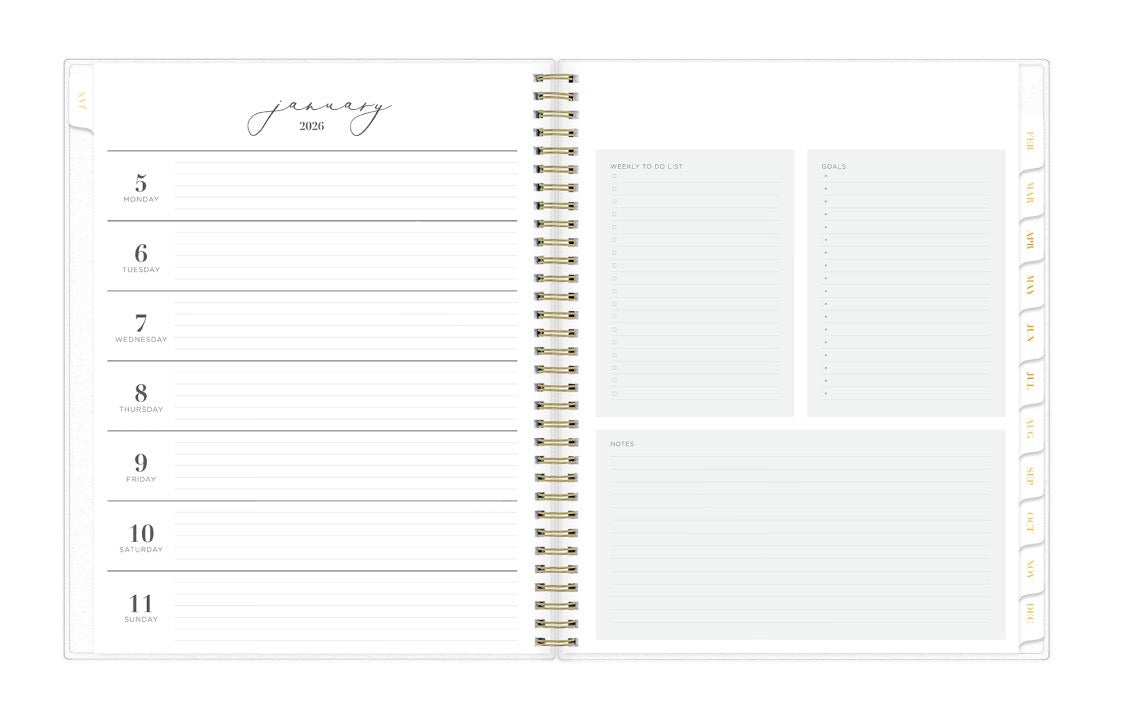 The new and improved Life Note It 2026 weekly planner features a weekly spread with clean white writing space, to do list, goals, and notes section for every important detail needed for planning a successful week in a 8.5x11 planner size