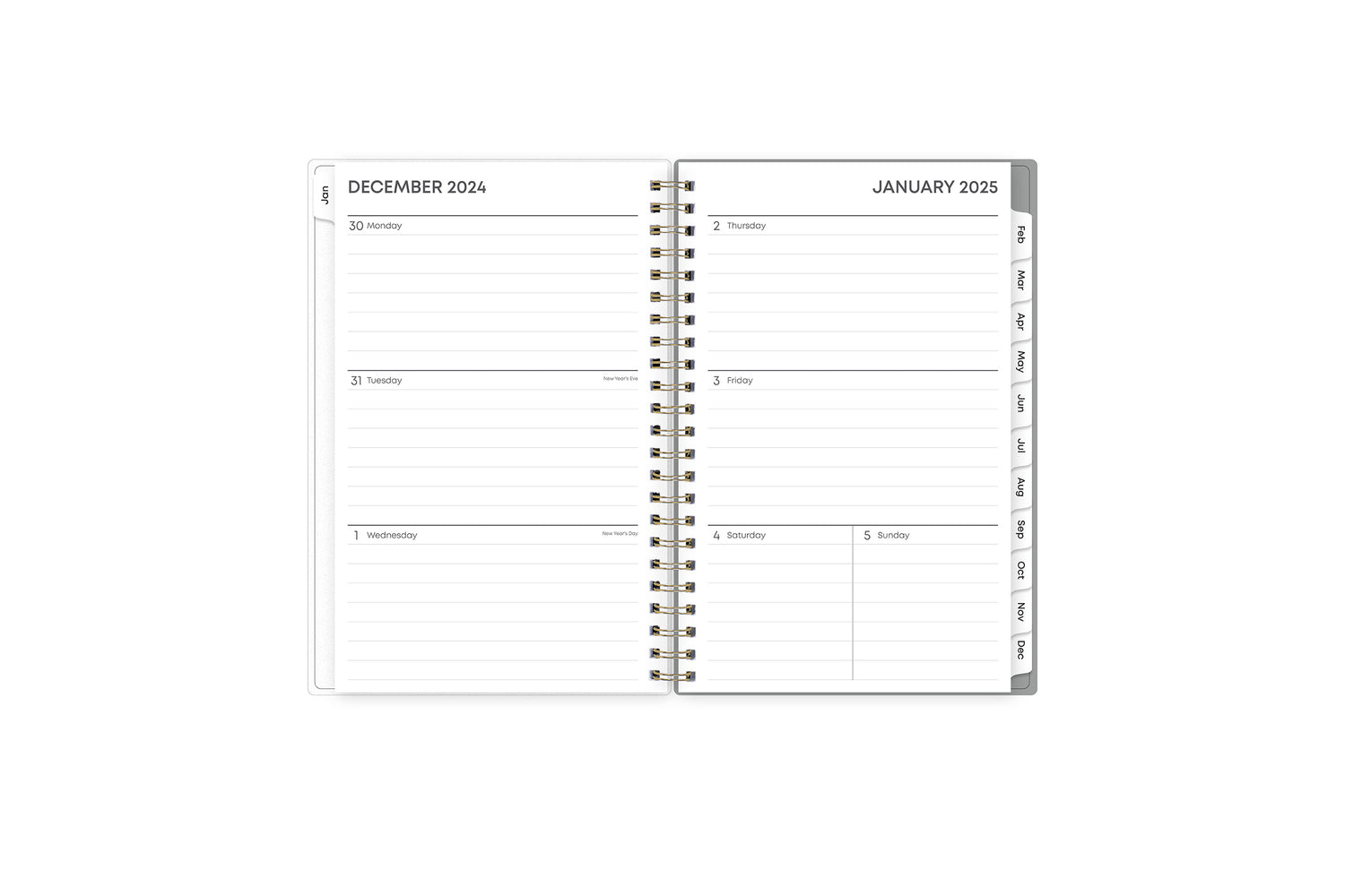 This January 2025 - December 2025 weekly monthly planner features a weekly spread with ample lined writing space for each day, notes section, to -do list, and monthly tabs for easy navigating in a 5x8 planner size