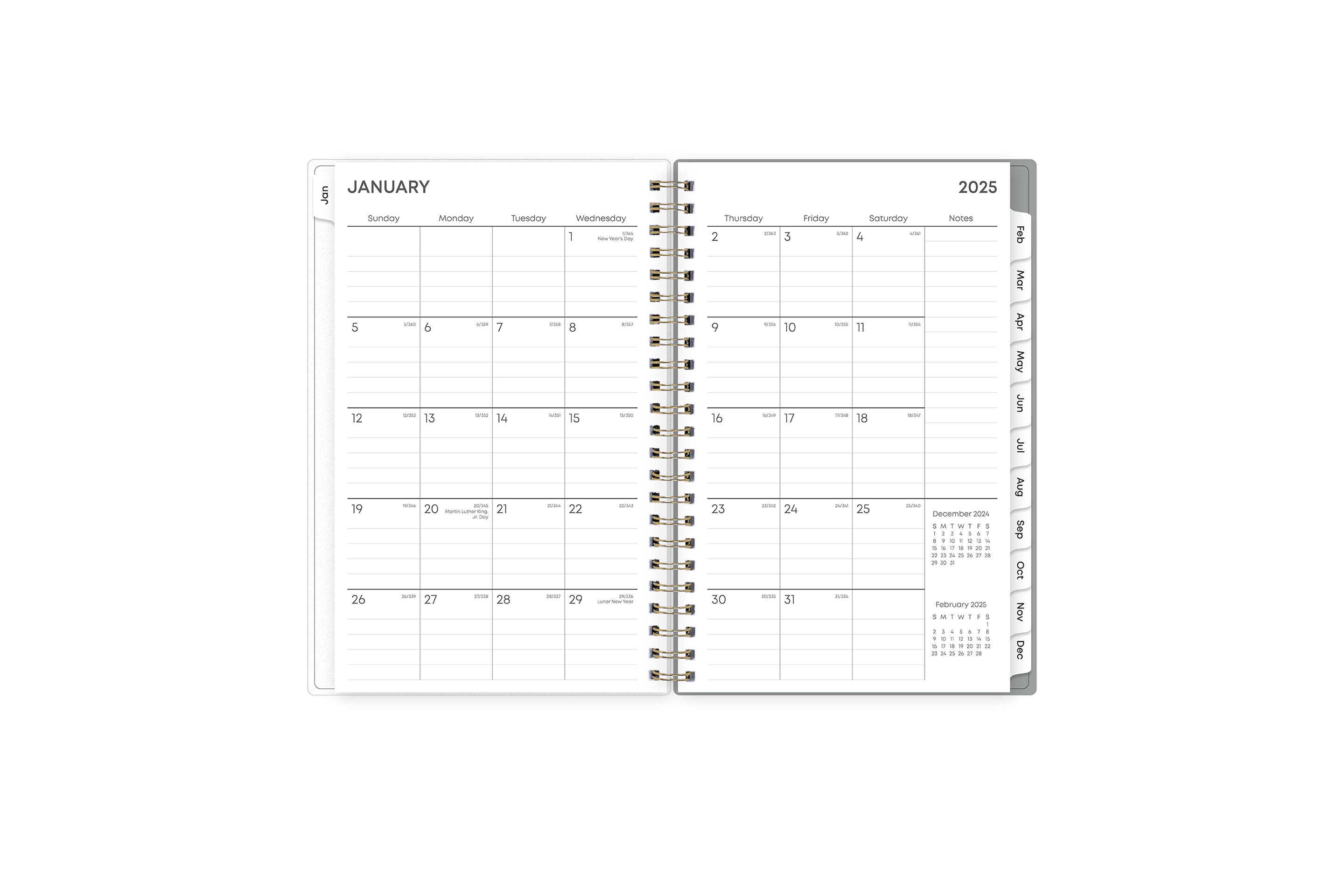 This January 2025 - December 2025 weekly monthly planner features a monthly spread with blank writing space for each day, lined notes section, reference calendars, and monthly tabs for easy navigating in a 5x8 planner size