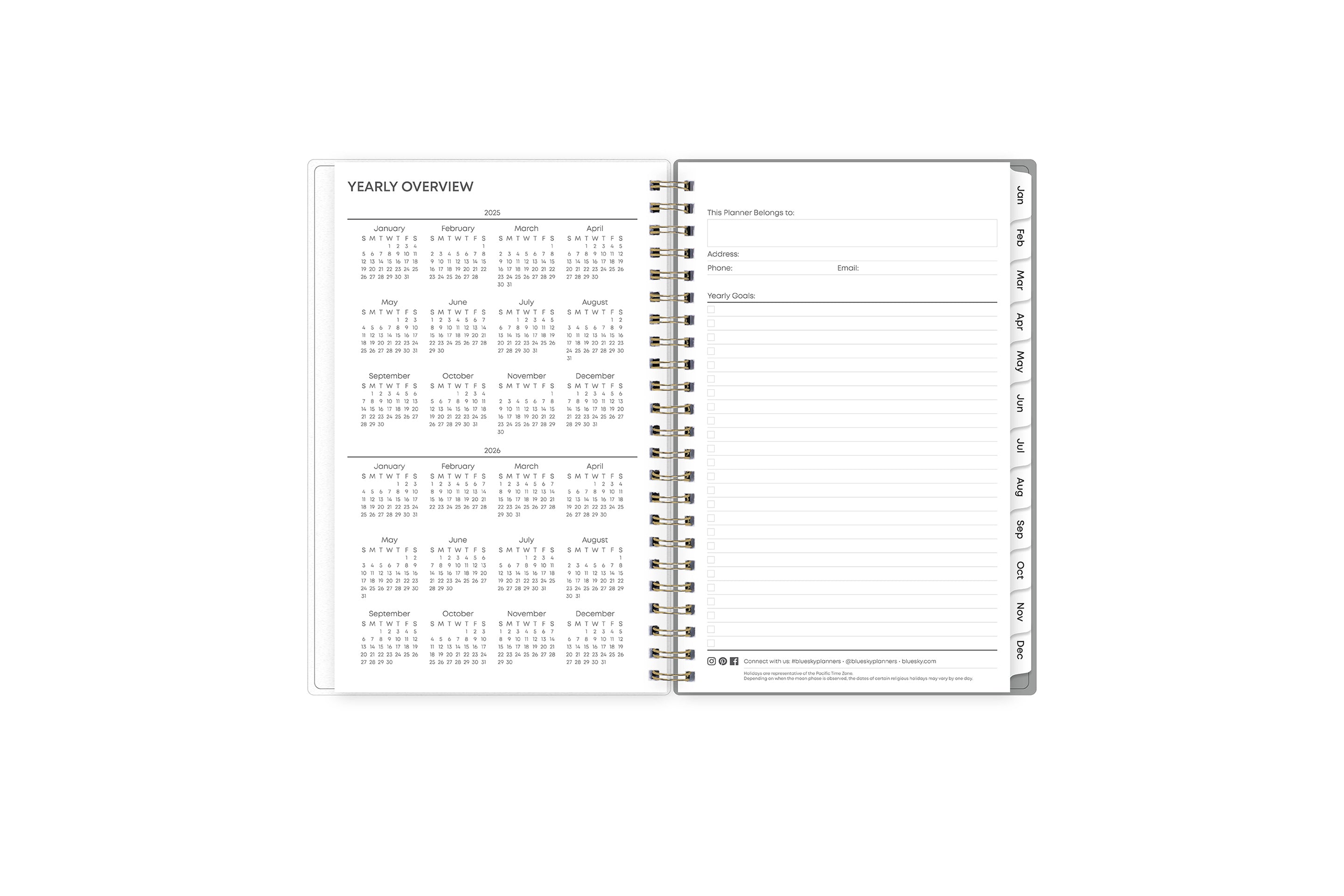 This 5x8 2025 weekly monthly planner featuring a yearly overview for both 2025 and 2026, a yearly goals recap to review end of the year, and contact page.